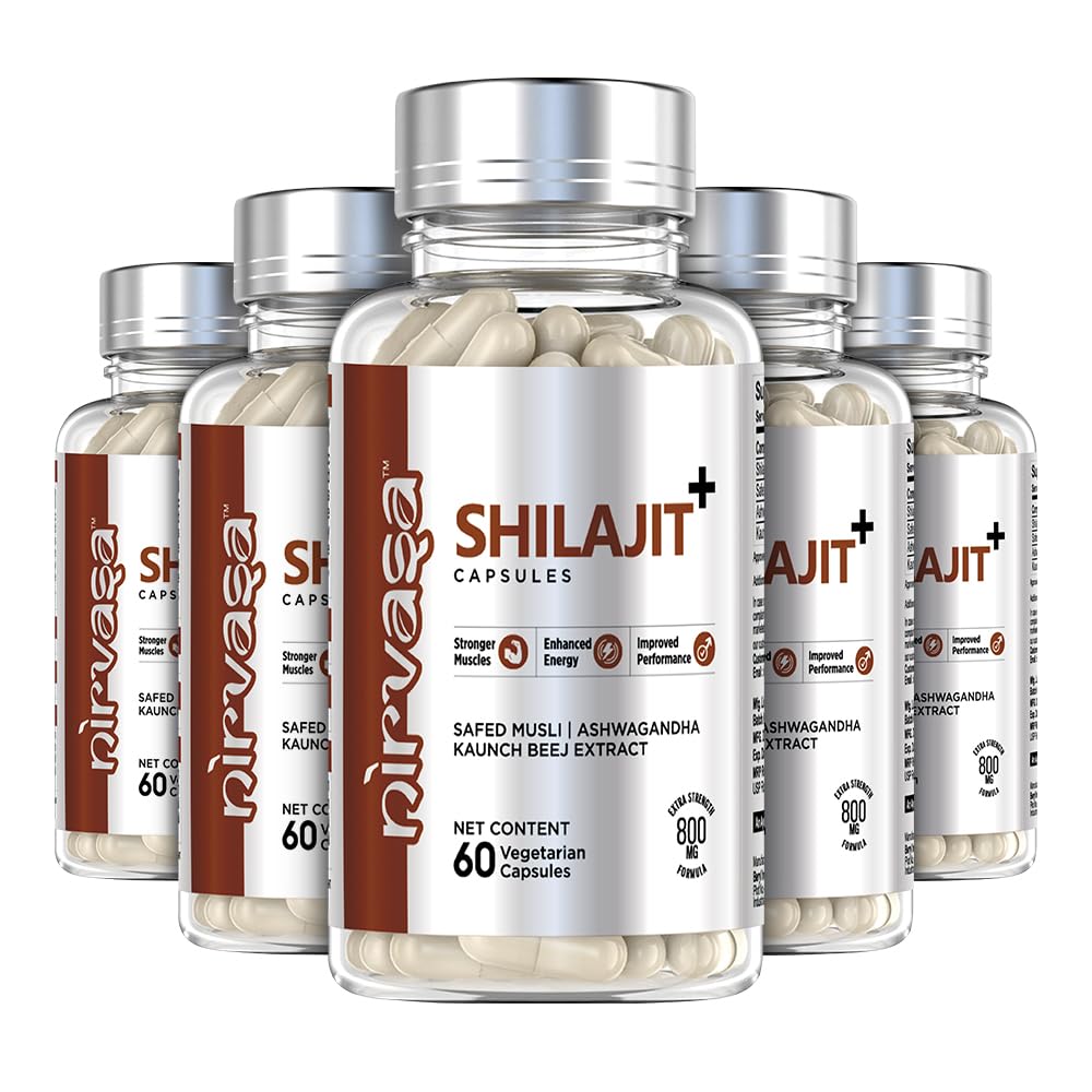 Nirvasa Shilajit Capsules (800 mg) with Safed Musli, Ashwagandha & Kaunch Beej | Purest Shilajit - 60 Capsules (Pack of 5)