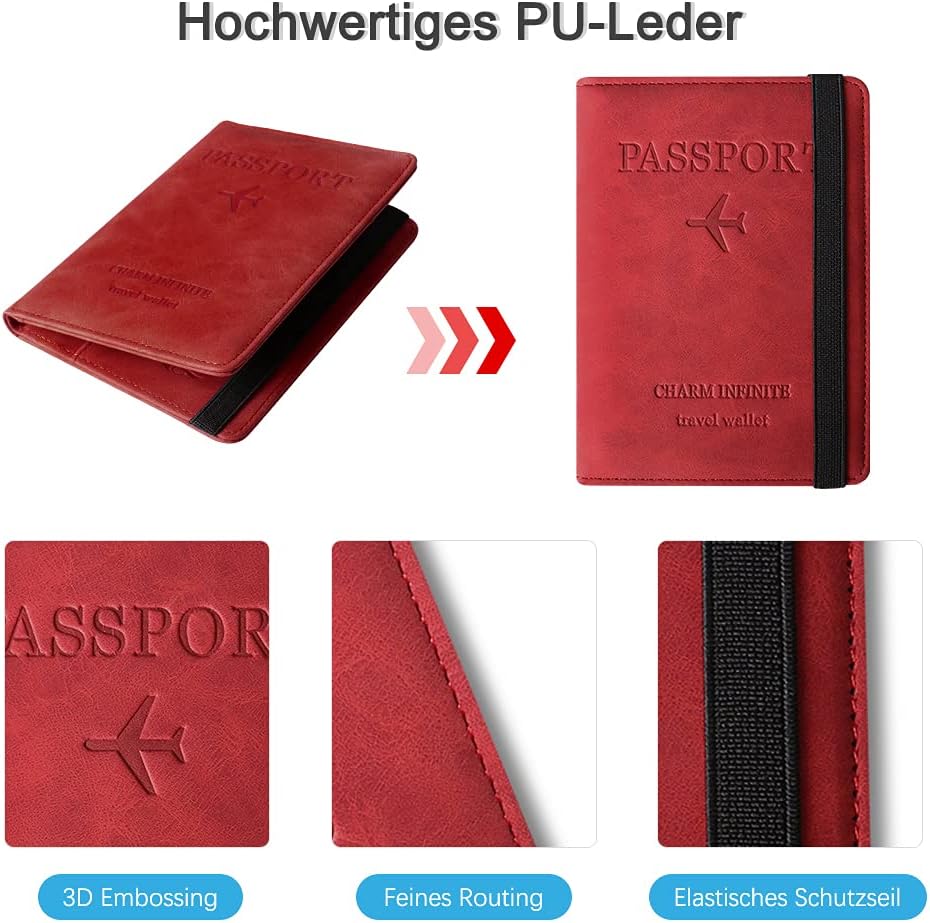 Czyan Reisepasshülle, Kunstleder Schutzhülle Reisepass mit RFID Blockier Schutzhülle Impfausweis Schutzhülle Tasche für Kreditkarten Ausweis und Reisedokumente (Rot) - Image 5