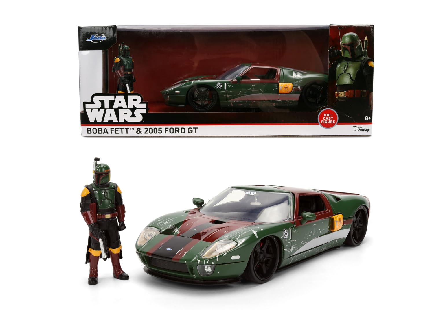 Jada Toys Star Wars Car Boba Fett - 2005 Ford GT (approx. 19 cm) Model Car 1:24 Metal with Figure, Bonnet, Doors & Boot for Opening, Die Cast, for Children and Collectors from 8 Years