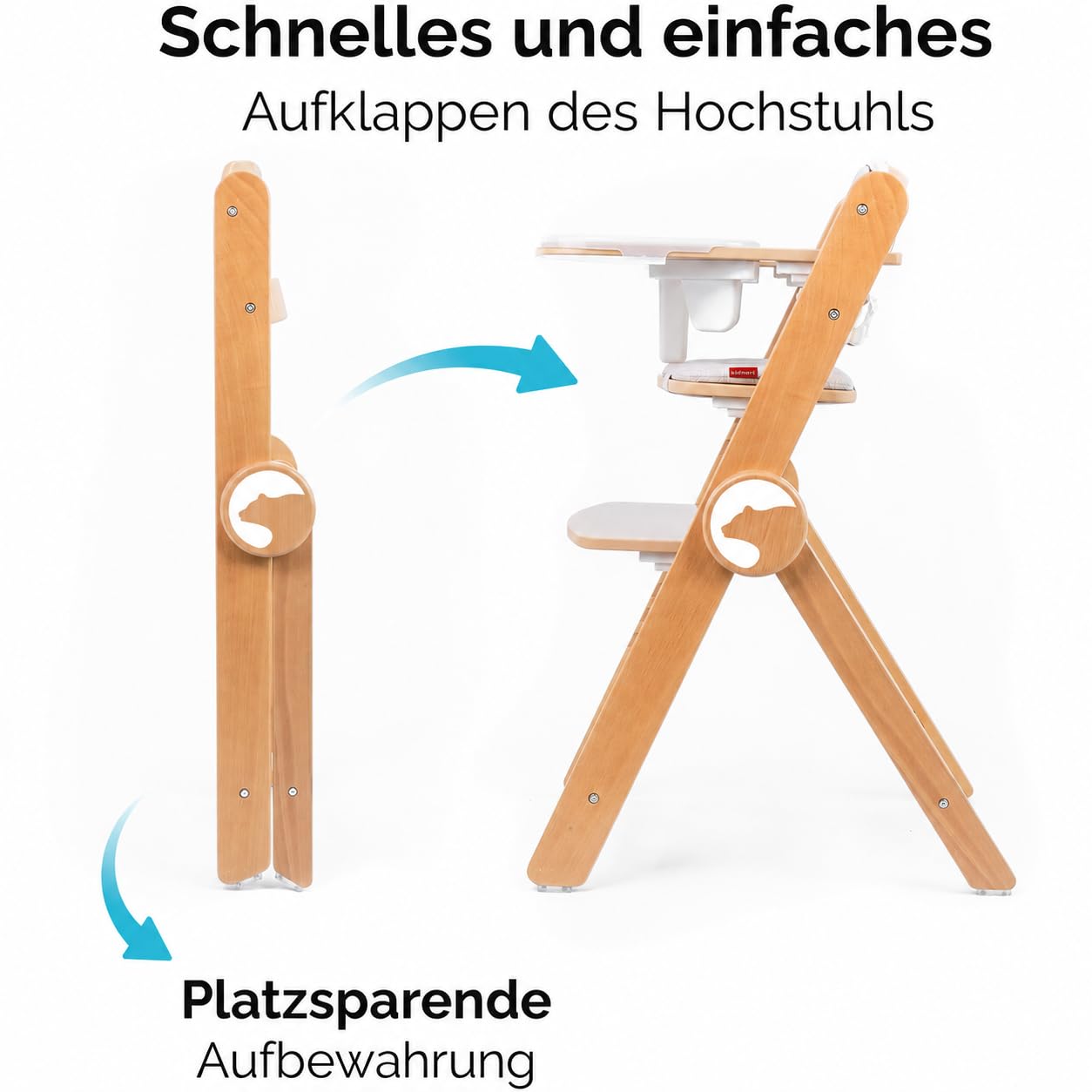 Holzhochstuhl Drömmer Unique bis 75kg Mitwachsender Faltbarer Hochstuhl aus Buche für Kinder mit Sitzkissen 5 Punkt Gurt zusätzliche Ablage Schrittgurt 9 Höhenverstellungen Schutzbügel Natural
