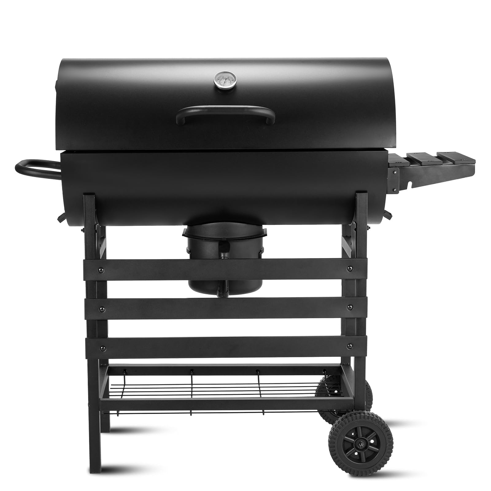 TEENO Grill Grillwagen BBQ Smoker Holzkohlegrill mit Deckel, Brathähnchen-Gestell,Rädern, Edelstahl-Griff, Grillrost und Thermometer, Lieferung von Clips und Handschuhen,Standgrill, Kohlegrillwagen