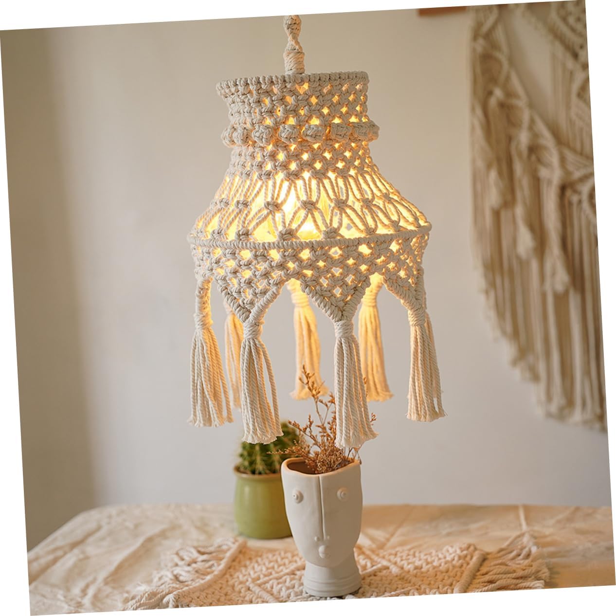 Cabilock Boho Macrame Hanging Lamp Shade Stylish Pendant Light Cover for Living Room Bedroom and Dining Area Decorative Ceiling Light Fixture Natural Woven Design