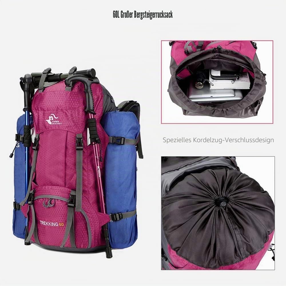 Bseash 60L Wasserdichter leichter Wanderrucksack mit Regenschutz, Outdoor Sport Tagesrucksack Multifunktions Reisetasche für Klettern Camping Reisen
