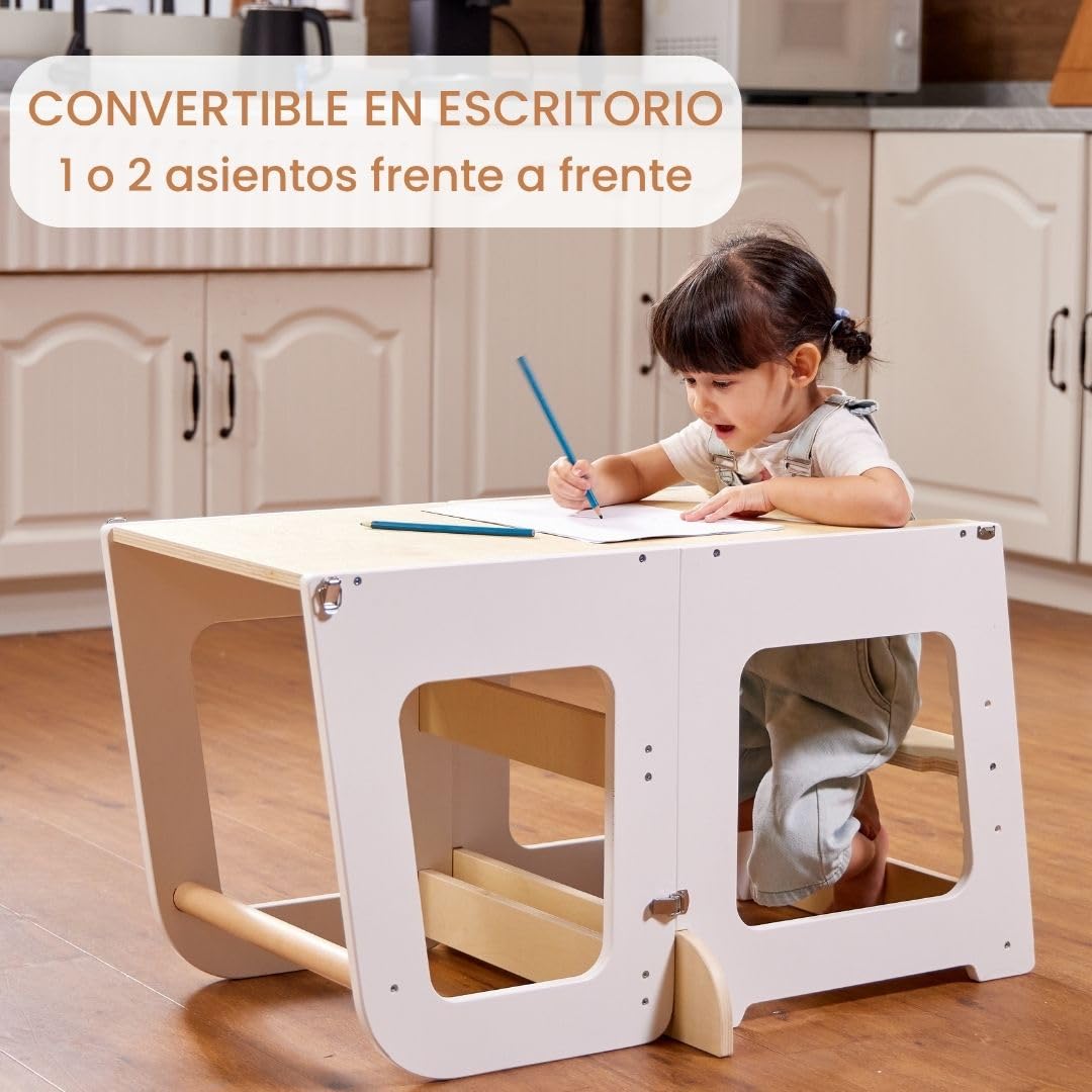 Torre de Aprendizaje Montessori para Niños Convertible en Escritorio – Torre de Observación de Madera para Niños de 12 Meses a 6 Años (Madera Natural)