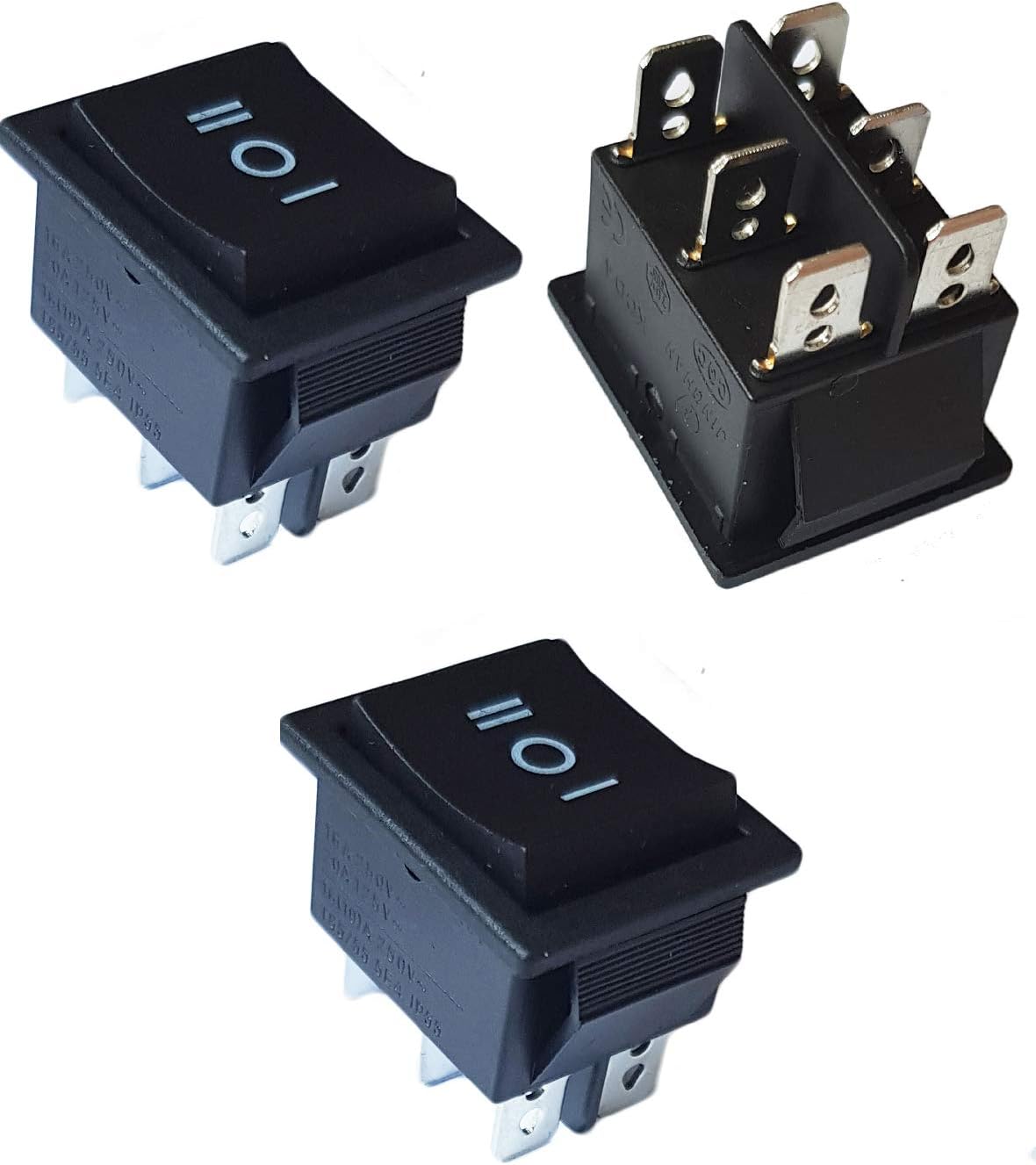 16A 250 VAC 3 Packs of ON-Off-ON Rectangle Square Rocker Switch Button Car Vehicle Boat Dashboard Switches (3, 6 Pin 3 Way-Black-Square)