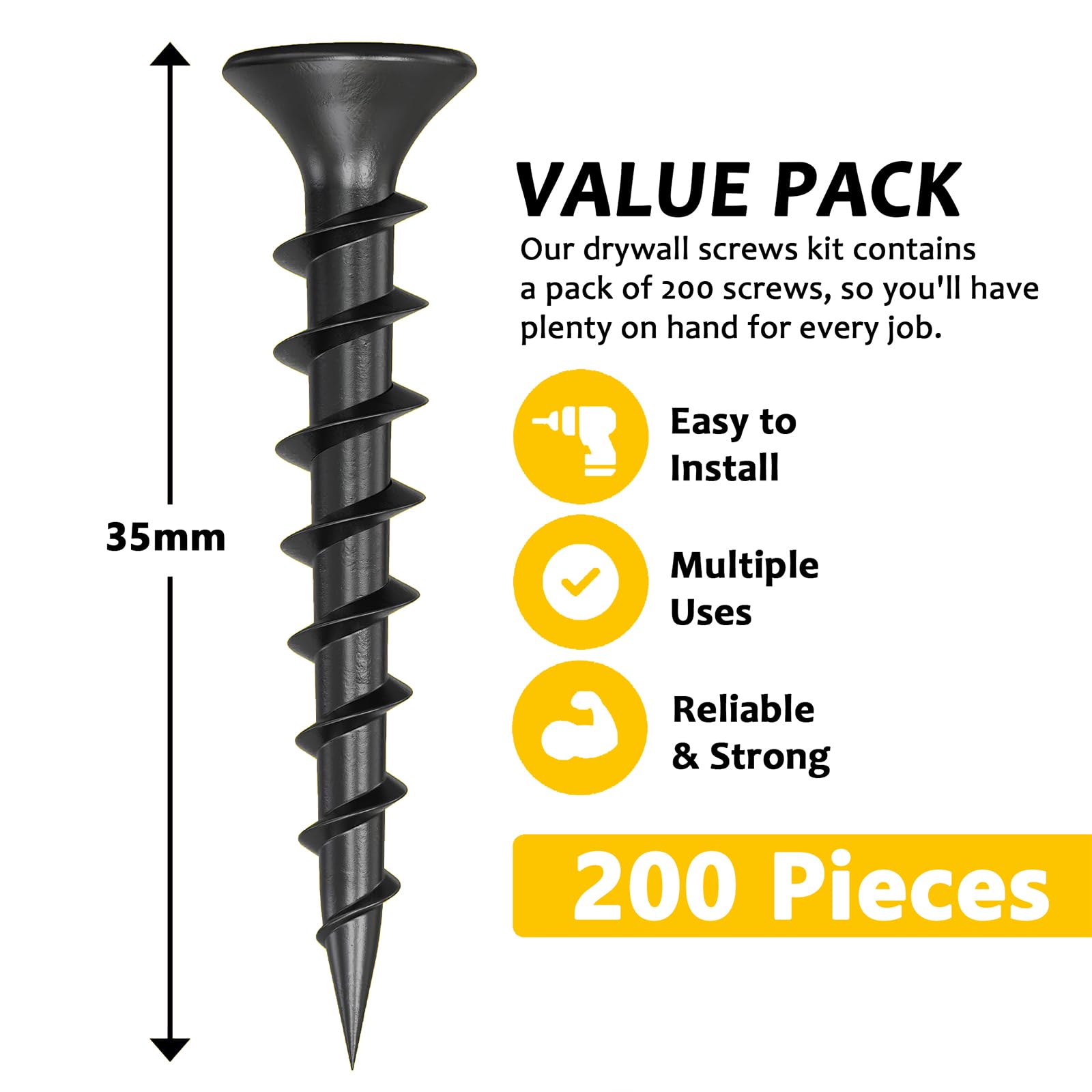 Wavanta 3.9 x 35mm Drywall Screws Coarse Thread Black Phosphate Bugle Head Phillips Drive with Bit - Image 2