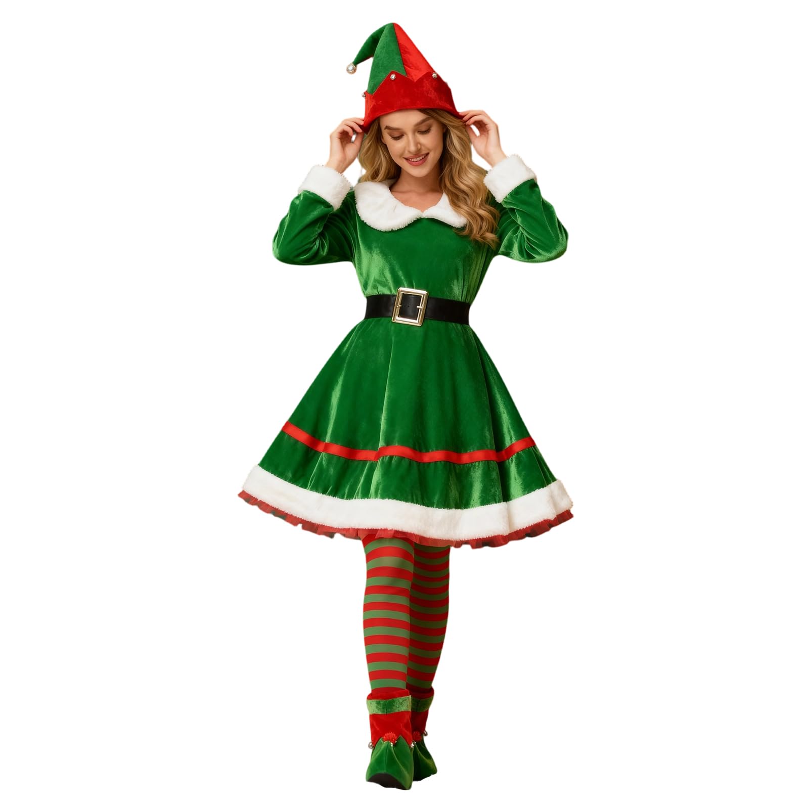 FeMereina Elf Costume for Women 5pcs Christmas Outfit Adult Santa Dress Plus Size with Hat Belt Shoes Cover Socks Xmas (Green, XL)