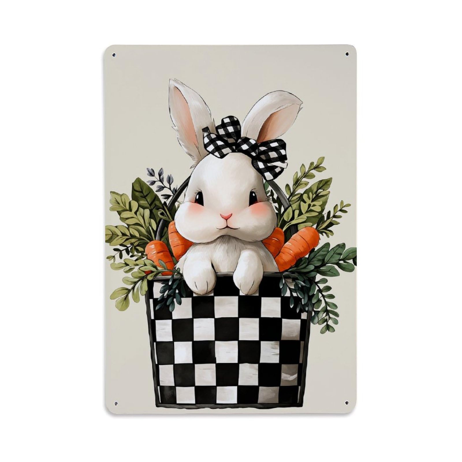 Enderetf Vintage Checkered Basket Bunny Carrots Leaves Tin Sign Metal Poster, Home Bar Garage Man Cave Cafe Indoor & Outdoor Wall Decoration 8X12inches