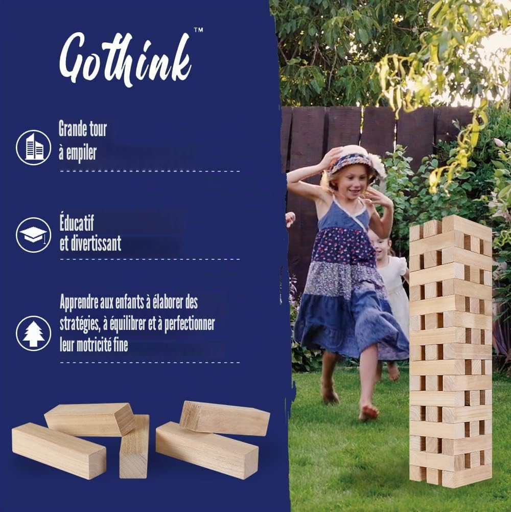 GOTHINK Jeux à Empiler en Bois - 51 Blocs Équilibrés, Empilable Jusqu'à 1.5m de Hauteur, Jeu de Société pour Enfants et Adultes, Idéal pour Fêtes et Soirées