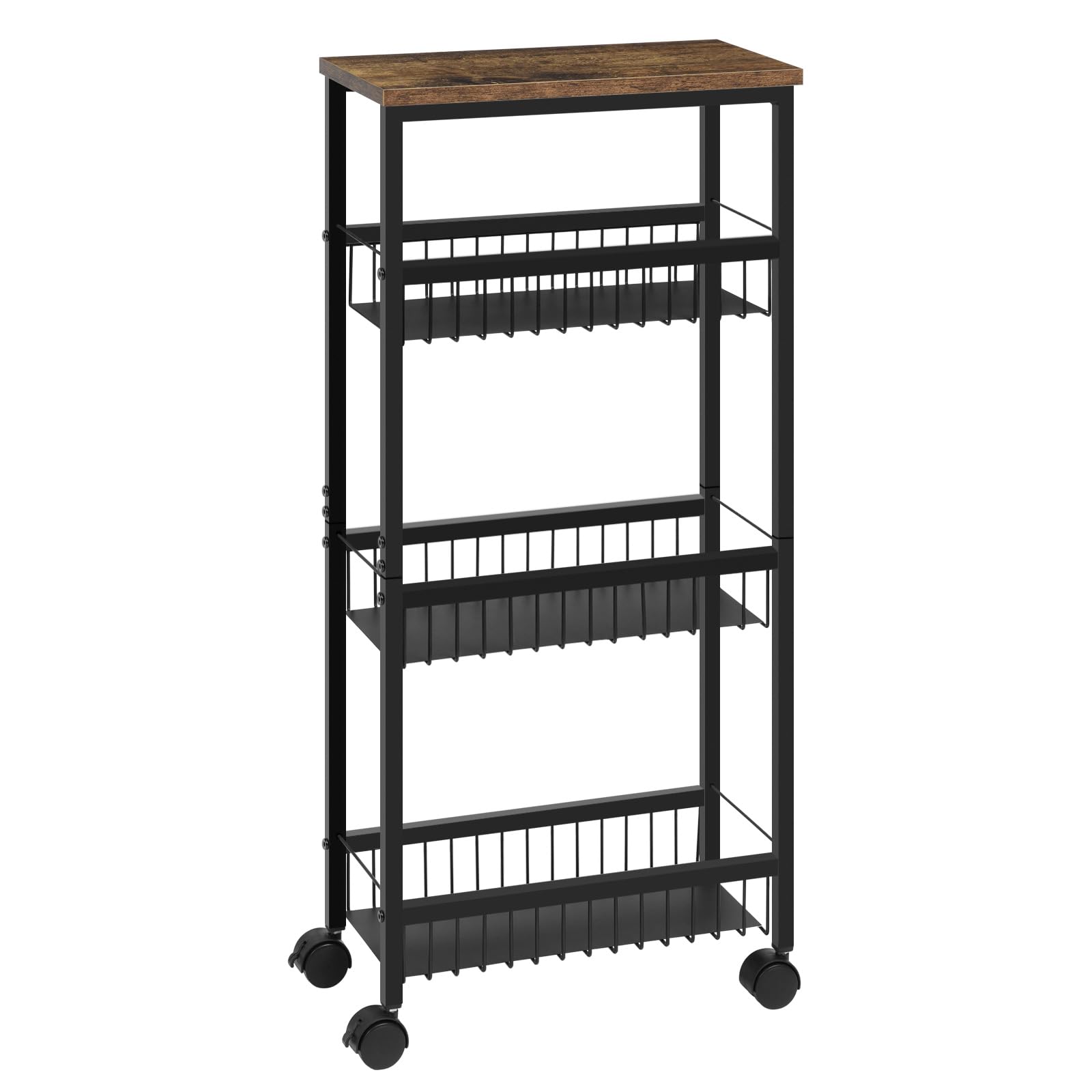 WOLTU Carrello Portaoggetti a 3 Piani, Carrello da Cucina su Ruote, Contenitore Stretto per Cucina, Bagno e Camera da Letto, Struttura in Metallo Nero e Cestino + Piano di Lavoro in MDF Vintage