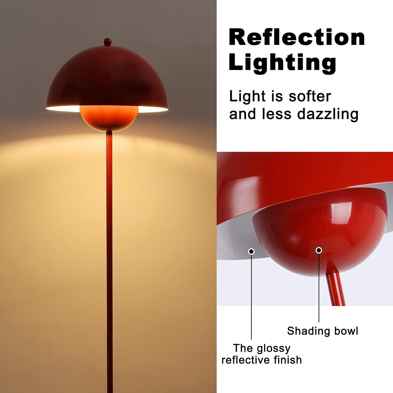 Lampadaire en Acier Style Scandinave Rétro avec Abat-jour Bombé, Douille E27, Interrupteur au Pied, Rouge