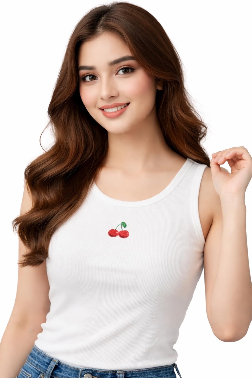 Women's White Ribbed Sleeveless Tank Top with Beaded Cherry