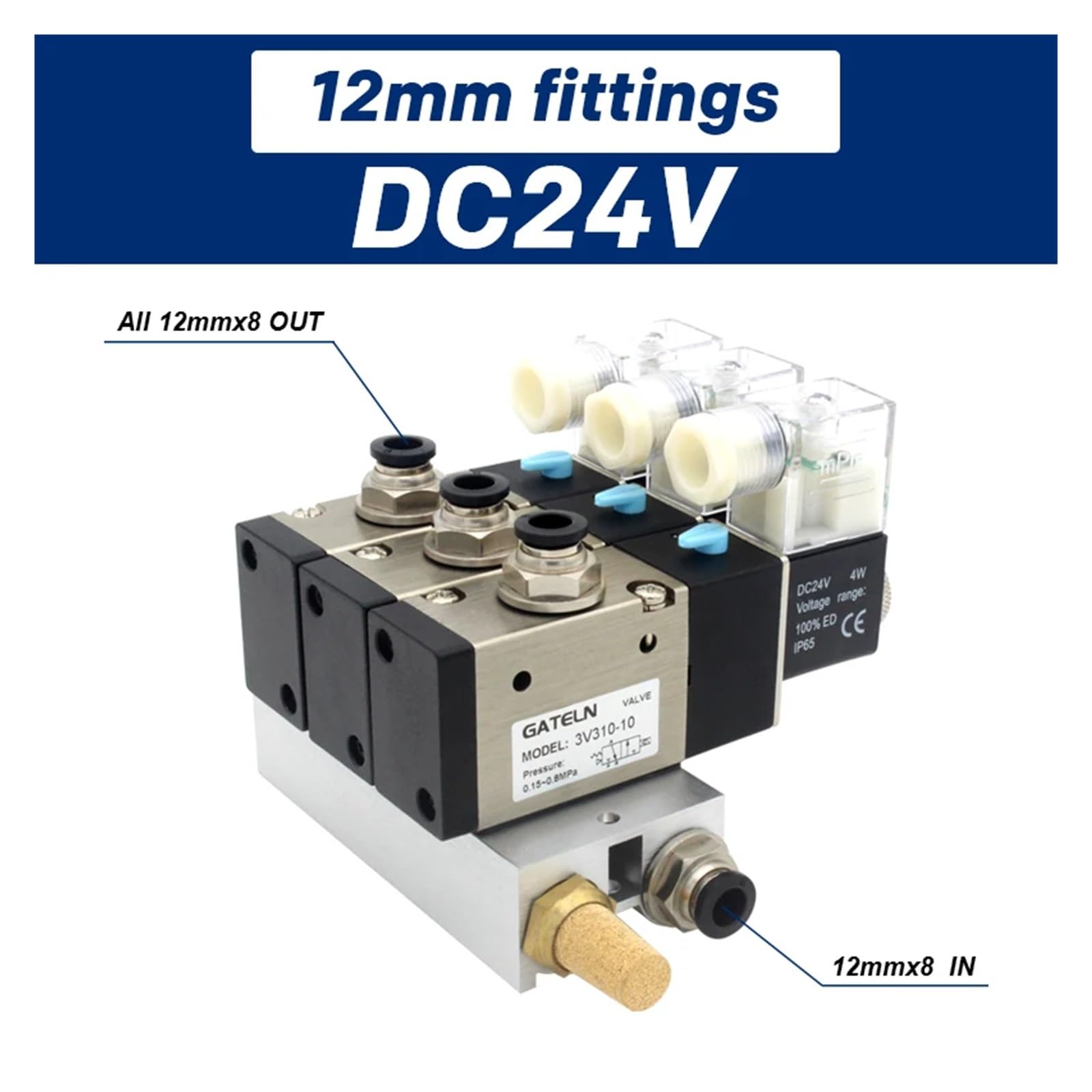 3V310-10-NO Bloque de estación de electroválvula Normalmente Abierta con Base de Accesorios silenciadores colector CC 12 V CC 24 V CA 110 V CA 220 V 2 Puertos(DC24V 12mm Fittings)