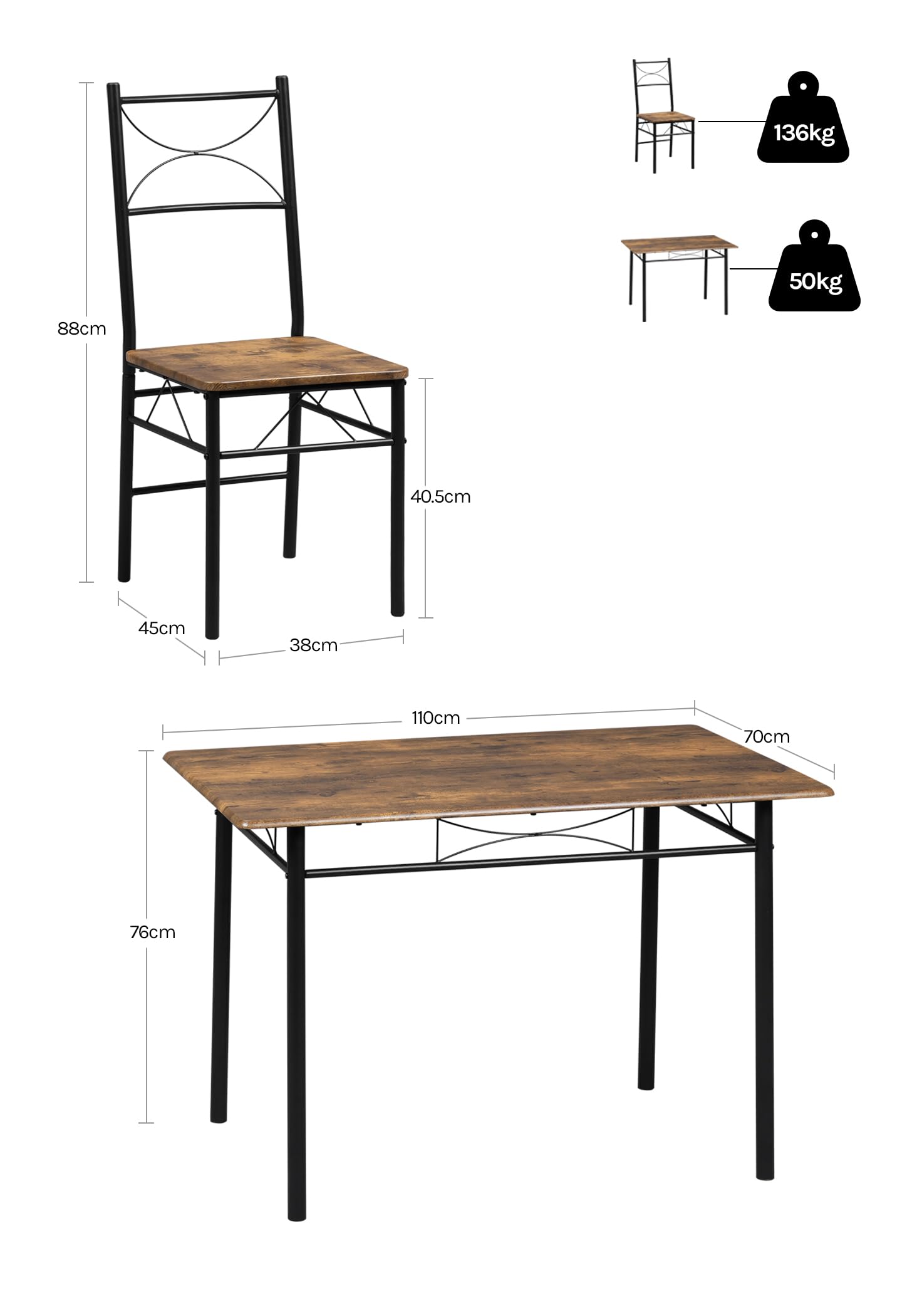 WOLTU Table à Manger avec 4 Chaises, Table de Cuisine pour 4 Personnes, MDF Métal Marron Rustique Noir