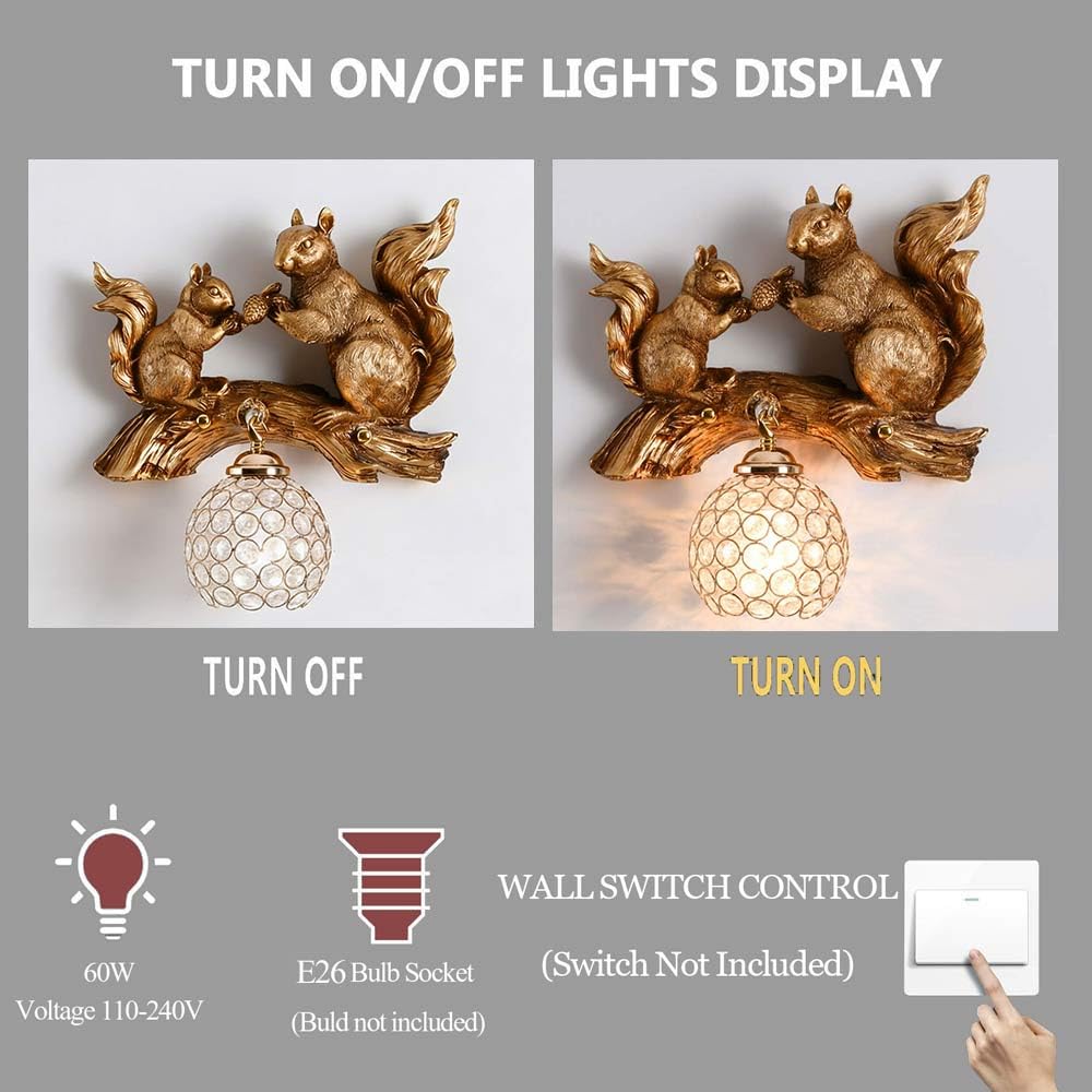 USMJQVZ Applique Murale Moderne en résine dorée en Forme d'écureuil - Décoration Murale Mignonne en Forme d'écureuil - Luminaire pour Chambre d'enfant, Bureau ou Table de Chevet