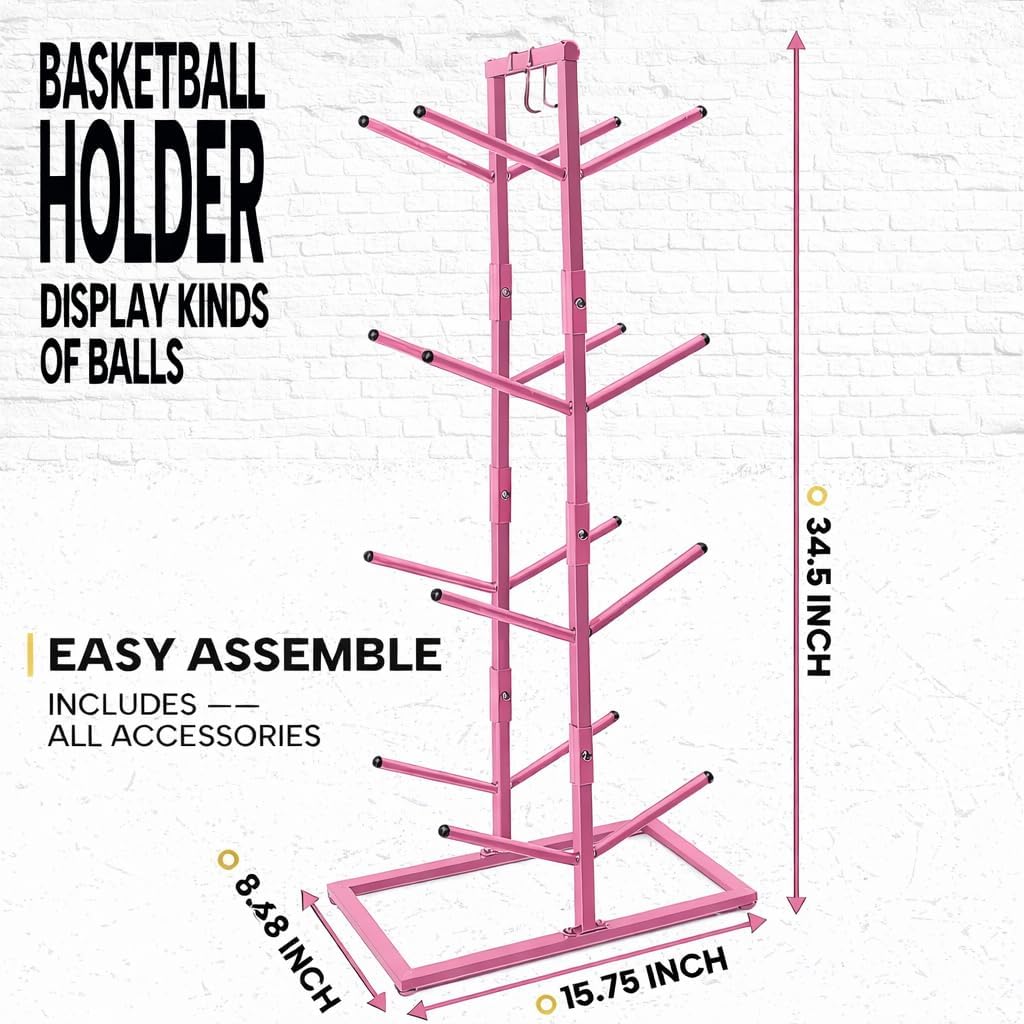 56170 Space saving Basketball Holder for Boys Room Decor - 34.5 Tall Double Side Metal Ball Rack Display Stand for Basketball Football Volleyball Storage,Ball Holder Sports Decor - pink