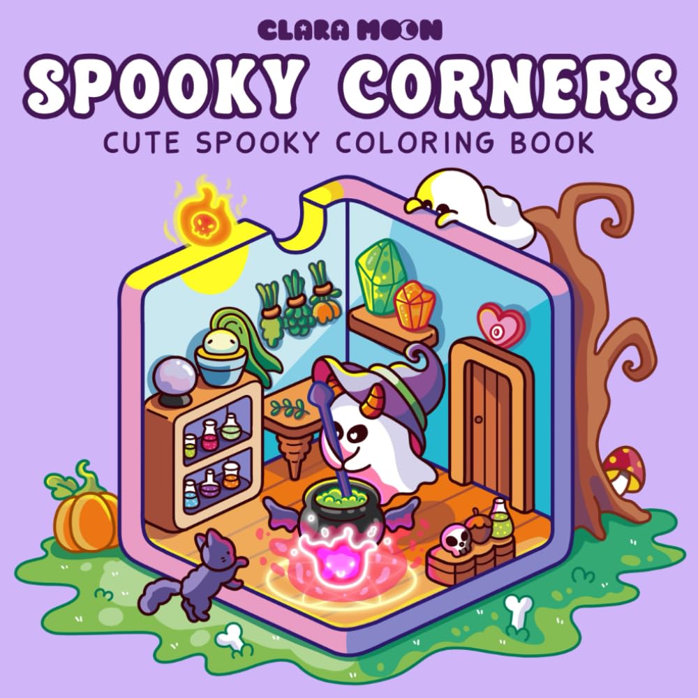 Spooky Corners: Cozy Coloring Book for Adults and Teens Featuring Hygge Corners with Lovely Creepy Creatures for Relaxation