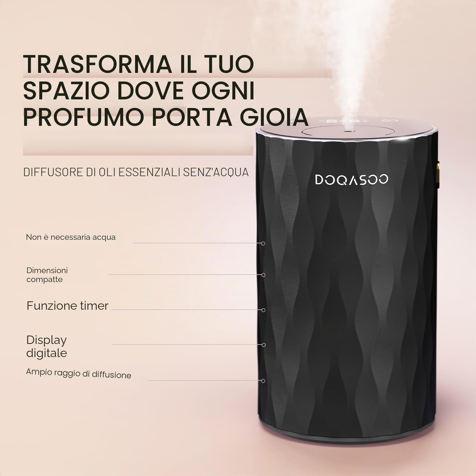 Diffusore di aromi senza acqua, senza fili, struttura in alluminio, batteria 96H e 25dB silenzioso, diffusore per oli essenziali con timer e 4 livelli, ideale per auto, ufficio e camera da