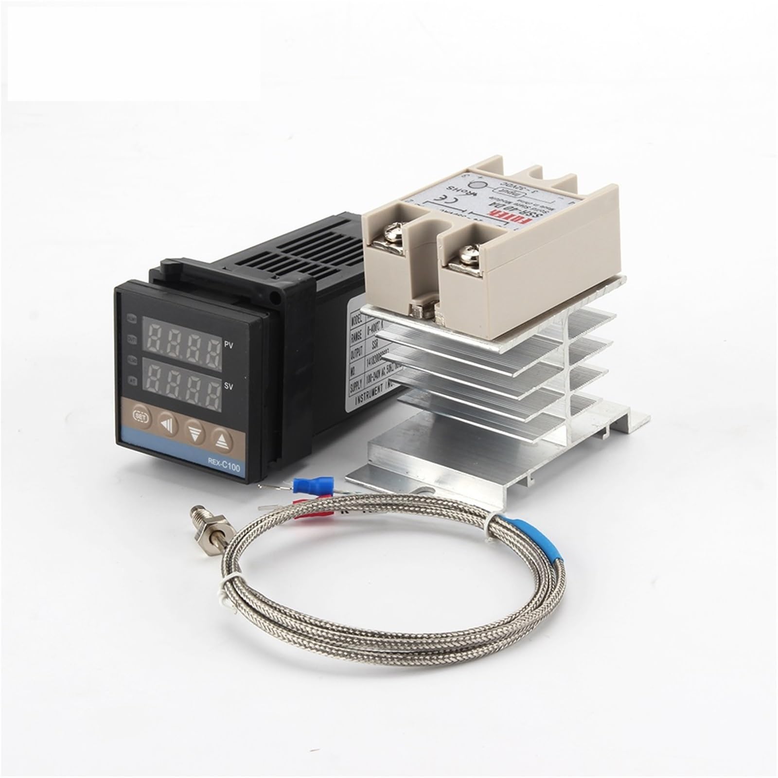 REX-C100 PID 110V-240V cyfrowy regulator temperatury + przekaźnik SSR 40A + czujnik termopary 1M K + radiator (Set2)