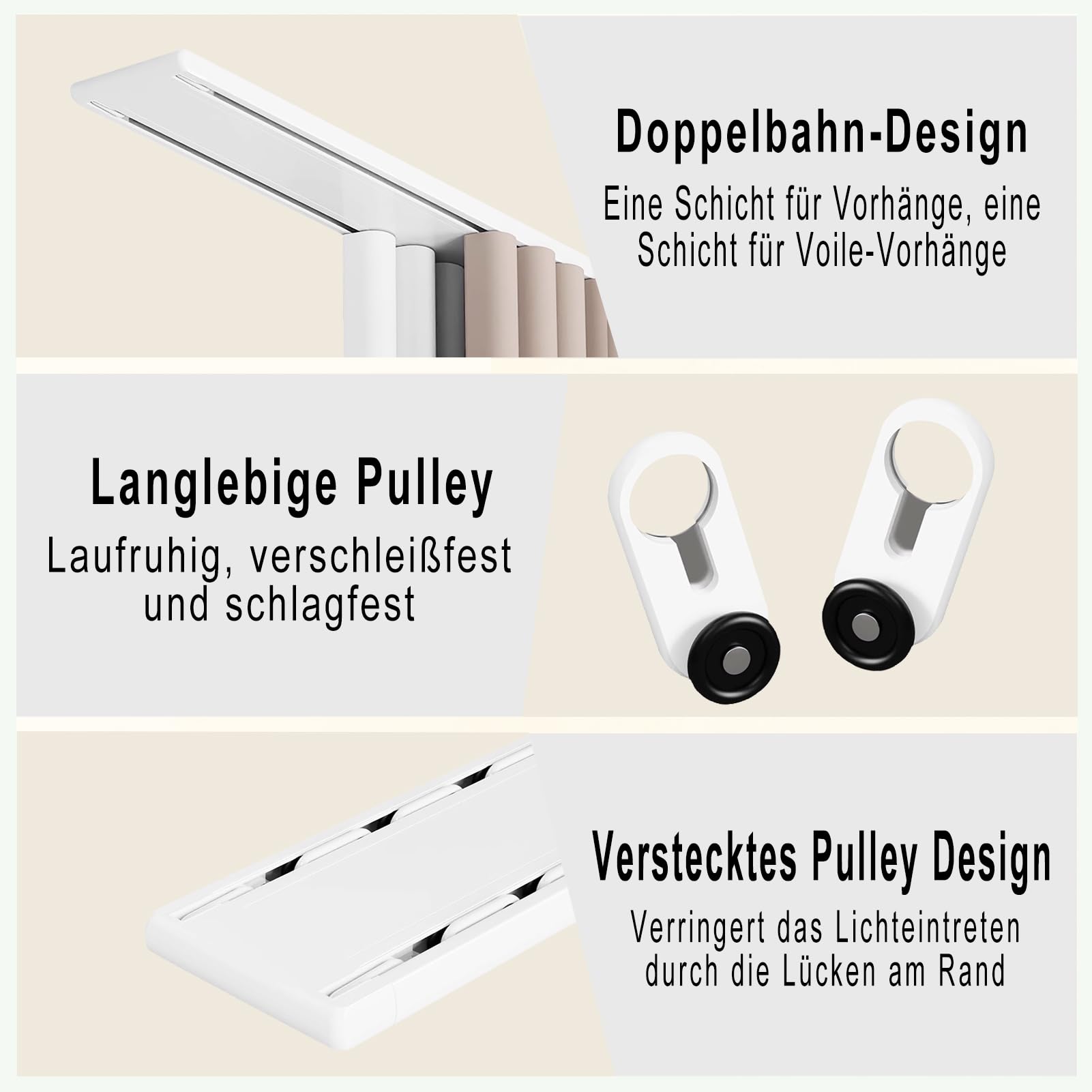 Riel de Cortina de Doble Carril Silencioso para Techo (Blanco,370 cm) | para Sala de Estar, Dormitorio, Hospital