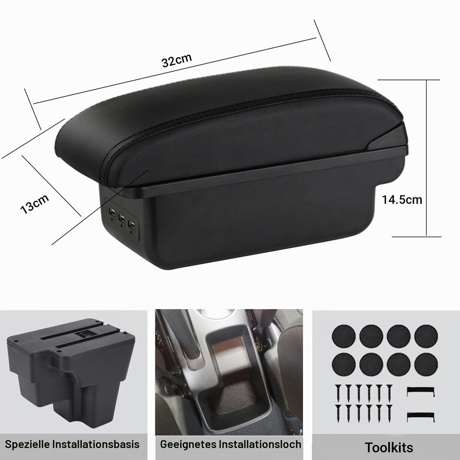 YJYWZH Armlehne für KIA STONIC RIO 2015-2024 Mittelarmlehne mit USB | 2 USB+1 USB-C,Doppelstauraum,Verschiebbare Armauflage,PU-Leder,Einfache Montage,Mittelkonsolen Armlehne,Schwarz