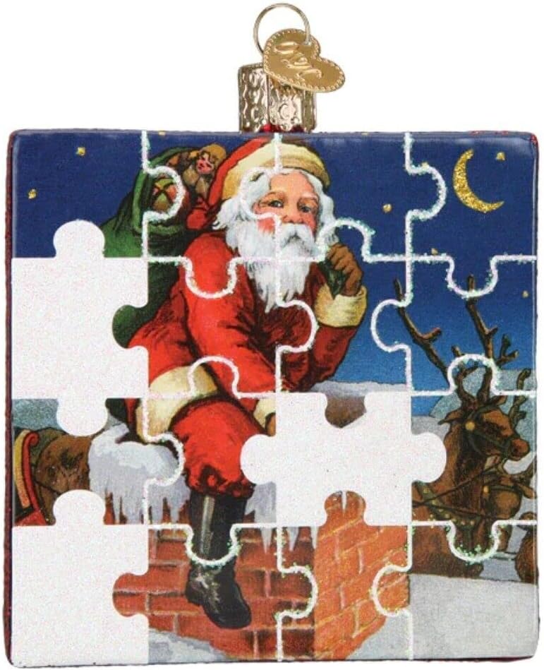 Old World Christmas Santa Jigsaw Puzzle Glass Blown Ornament for Christmas Tree, Handcrafted Holiday Decoration, Games Collection