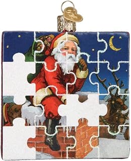 Old World Christmas Santa Jigsaw Puzzle Glass Blown Ornament for Christmas Tree, Handcrafted Holiday Decoration, Games Collection