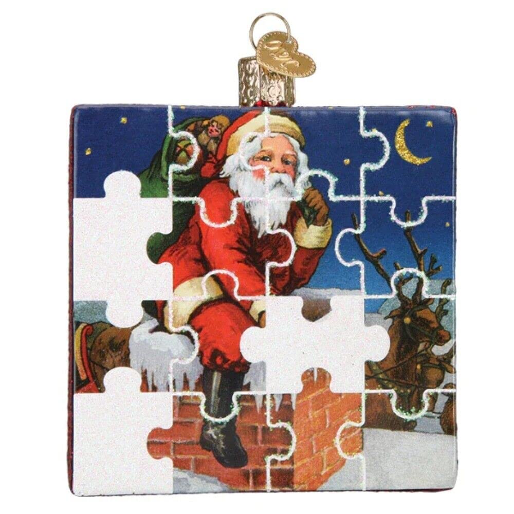 Old World Christmas Santa Jigsaw Puzzle Glass Blown Ornament for Christmas Tree, Handcrafted Holiday Decoration, Games Collection