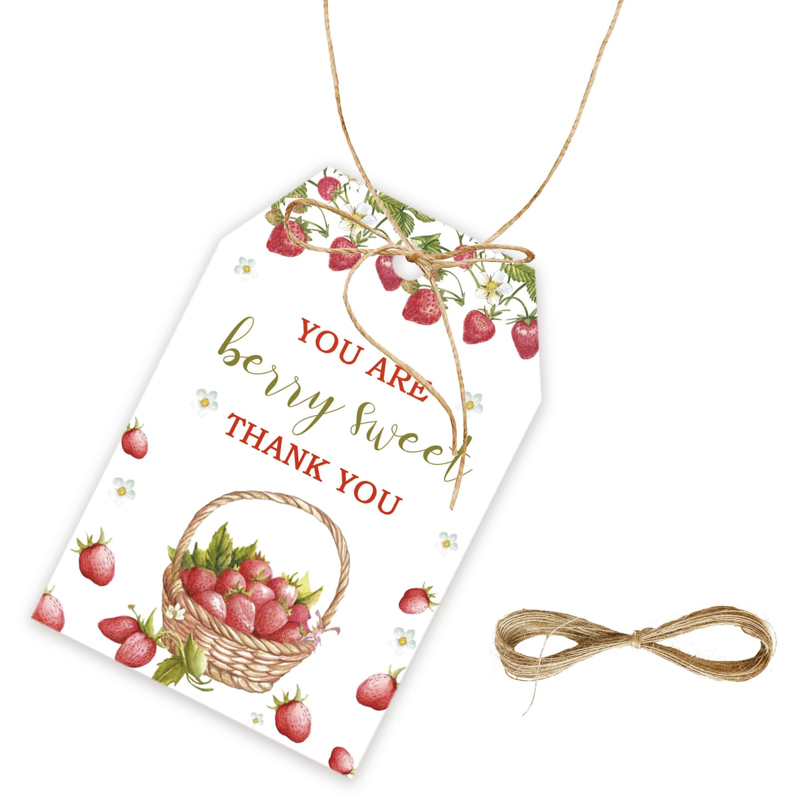 50pcs Strawberry Thank You Tags, Berry Sweet Gift Tag with String for Fruit Themed Party, Thank You Paper Tags for Girl Birthday/Sweet One Party Favors