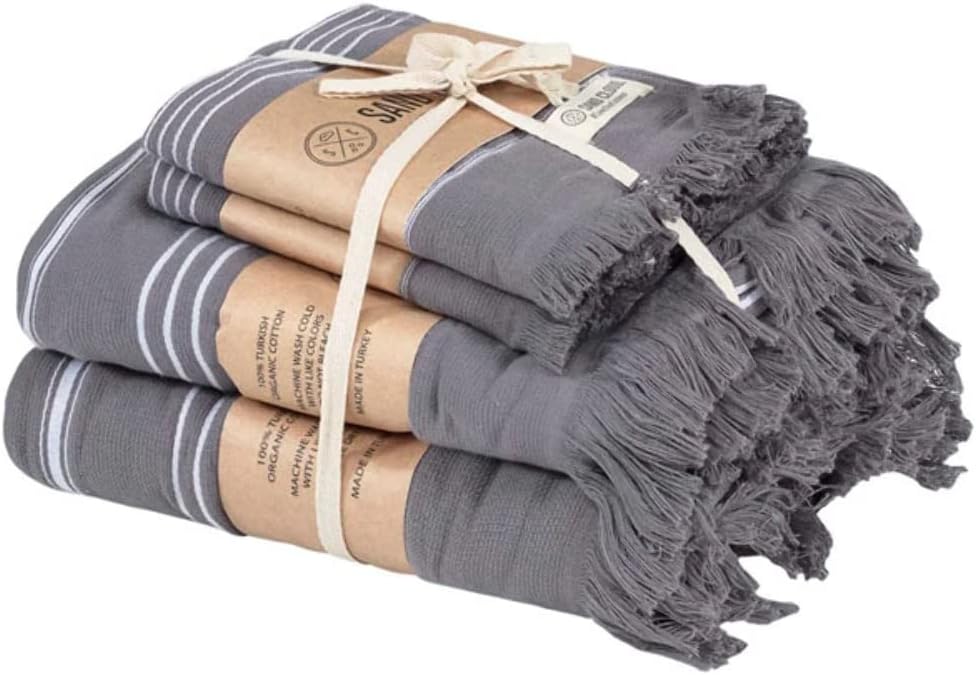 Sand Cloud Turkish Bath Towels Bundle for Bathroom, Set of 4 (Classic Grey) - Large Size - 100% Certified Organic Cotton Yarn is Lightweight, Soft & Absorbent - Premium Bath & Hand Towels Dry Faster