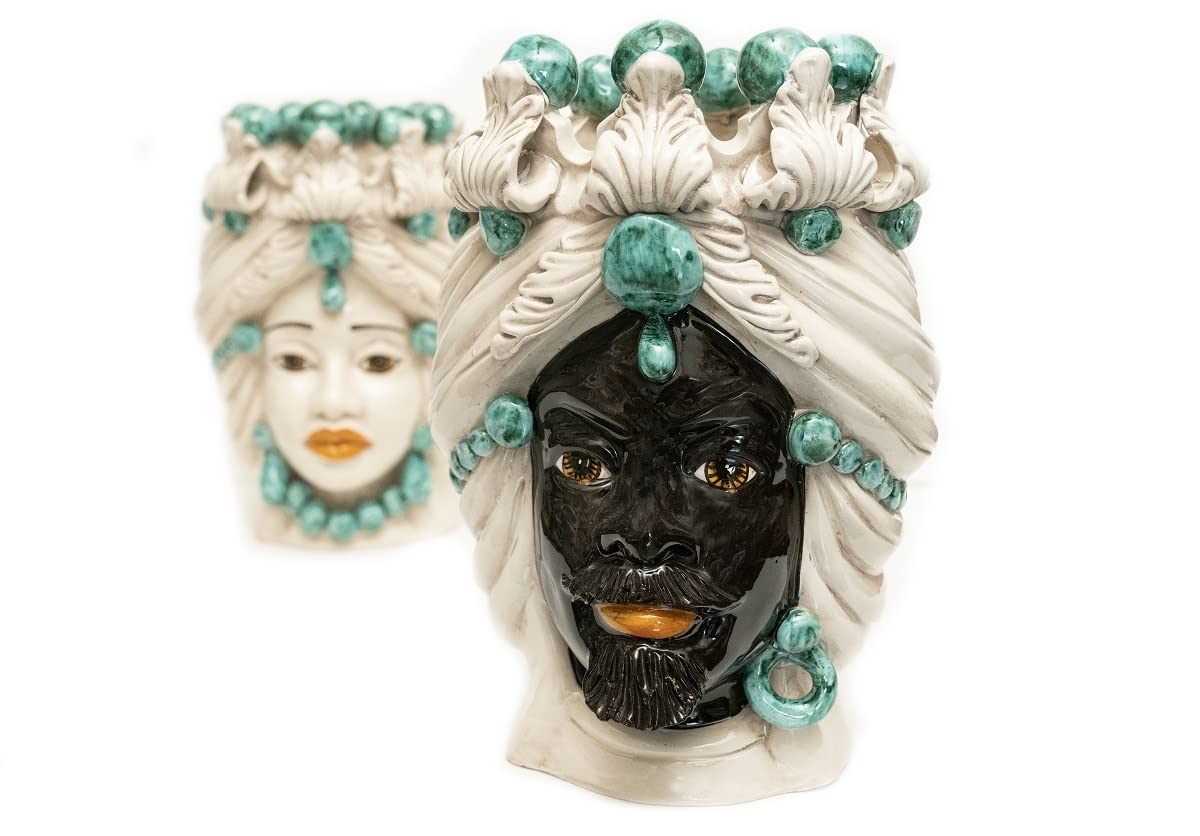 Generico Coppia teste di moro di Caltagirone in ceramica siciliana verde acqua realizzate a mano H30 cm