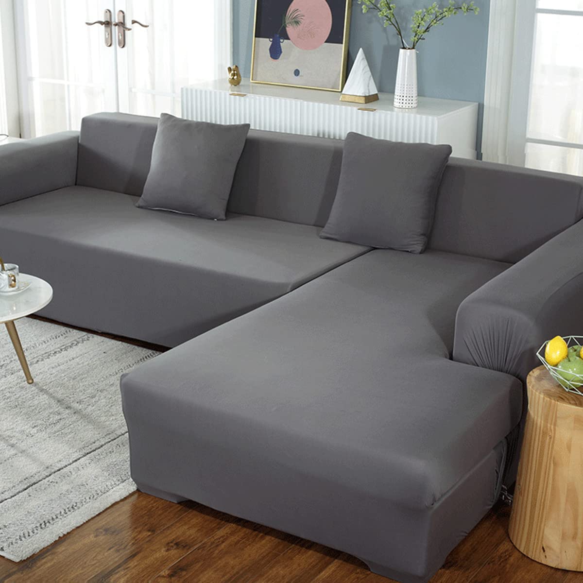 L-Shaped Sofa Cover for 2-Piece Sectional, Soft Stretch Anti-Slip 3 & 4 Seater Furniture Protector, Light Gray Slipcover for Couch, Durable & Easy to Clean