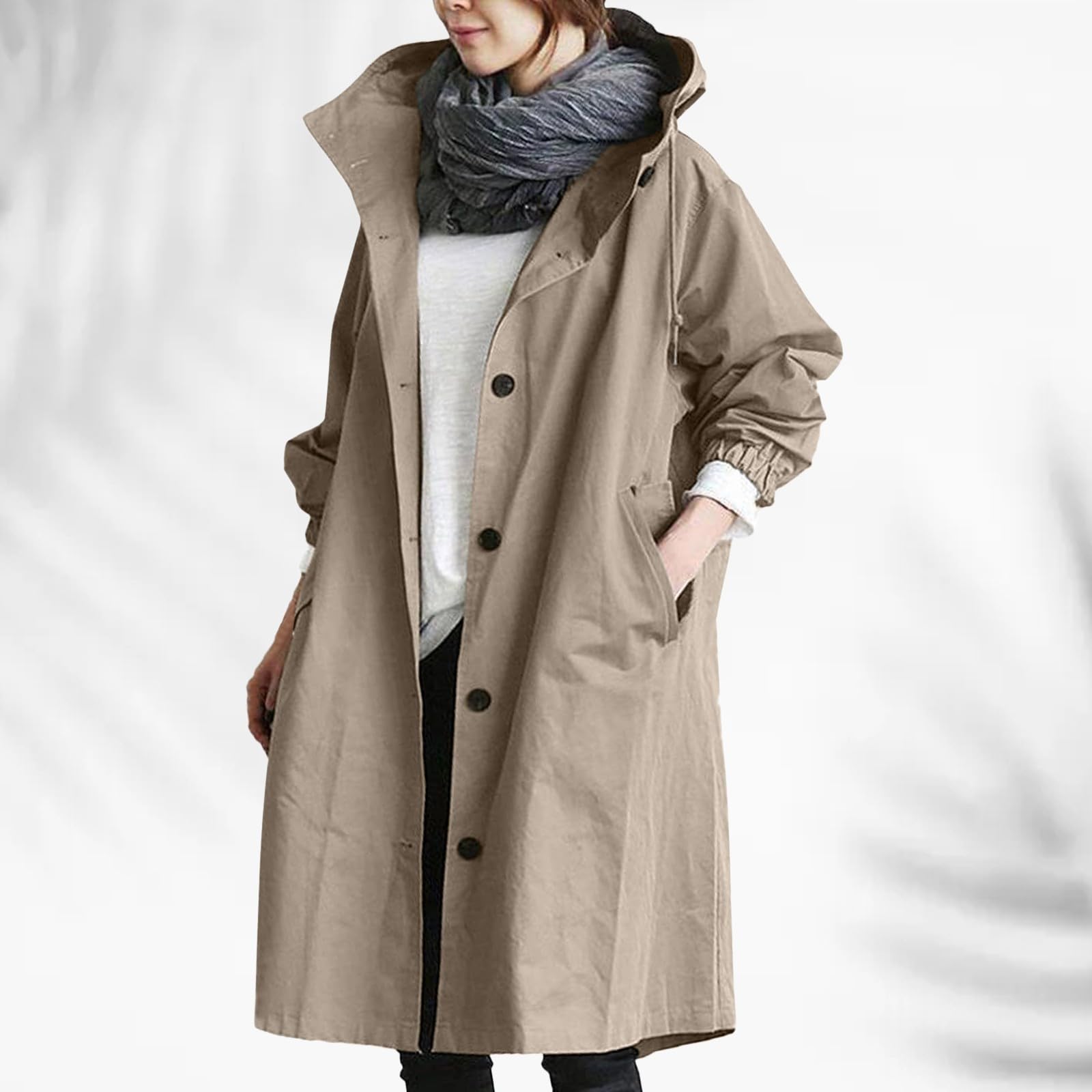 Generisch Manteau pour femme, trench, long manteau avec capuche, parka, manteau de transition, manteau d'été, veste coupe-vent, veste d'extérieur léger, trench coat, manteau décontracté, coupe-vent