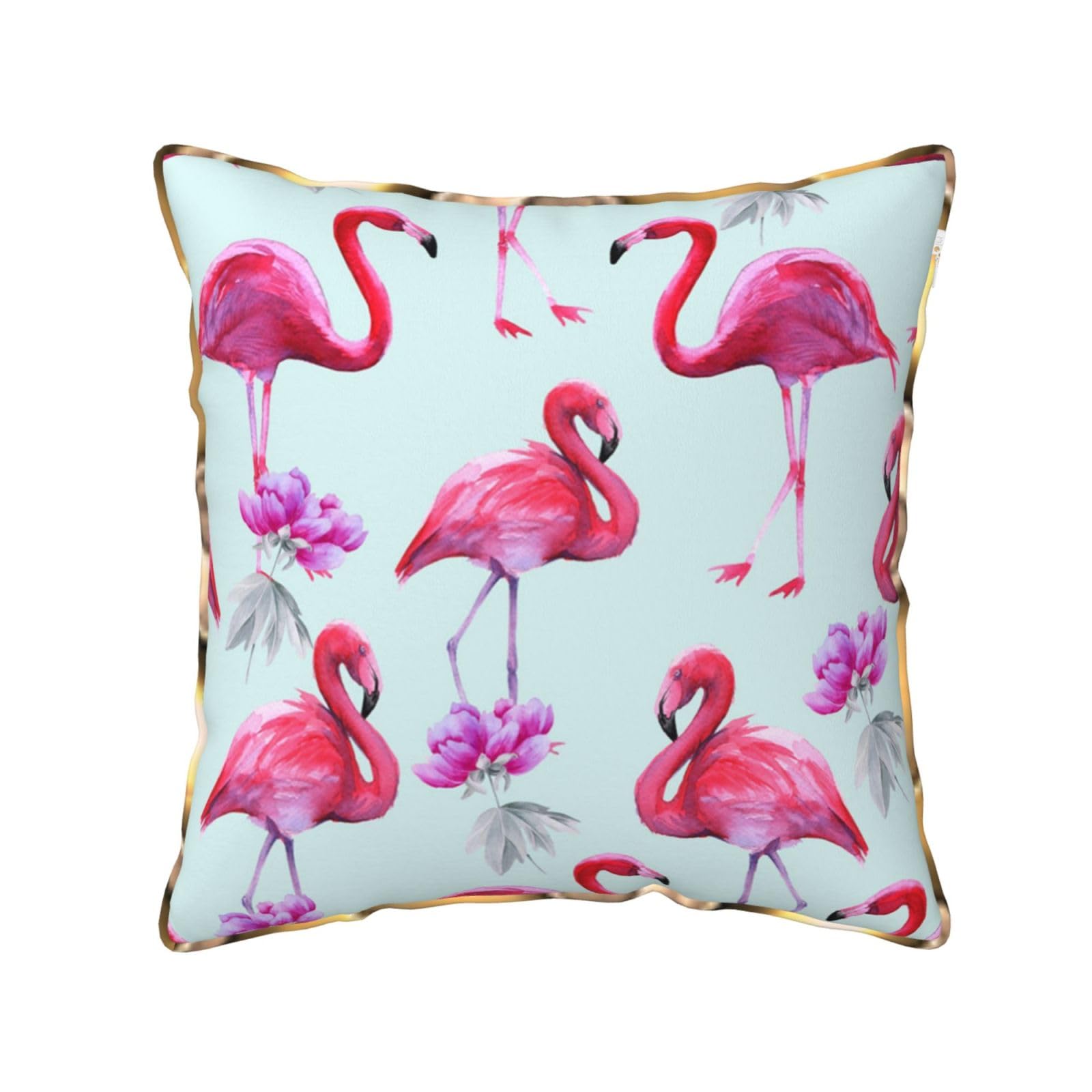 AUBKFELD Pink Flamingos Printed Velvet Cushion Cover 50x50 CM with Gold Edging Strip, Square Pillowcase Soft Throw Pillow Covers Case Decorative for Living Room Sofa Couch Bed Bench