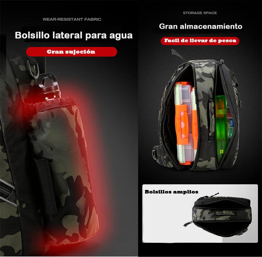 Mochila de Pesca Impermeable - Bolsa para Pesca de Hombro Multifuncional - Mochila de Pesca compacta- con Soporte para cañas de Pescar - Pesca Accesorios