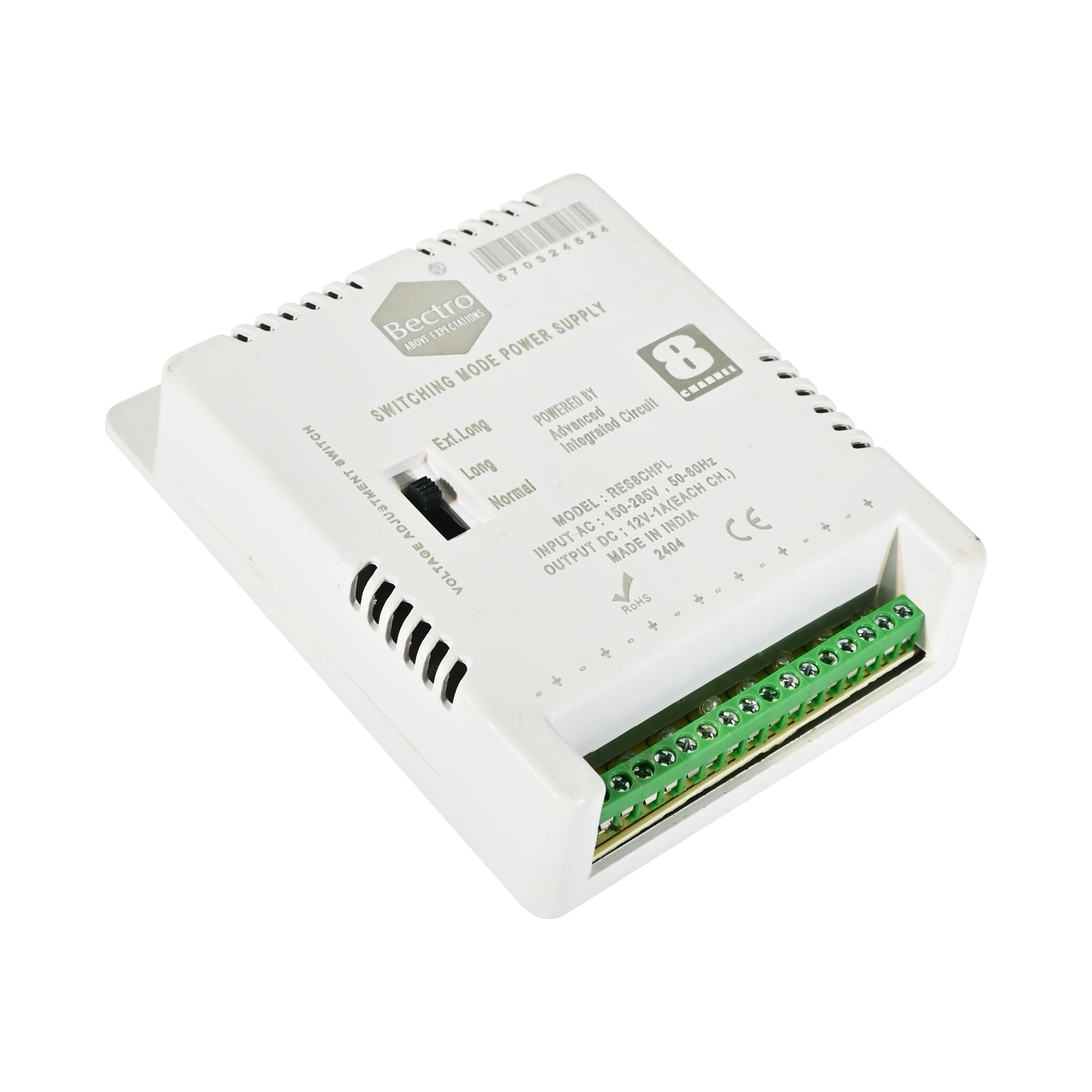 CCTV Power Supply SMPS 8 Channel/Port 12V 10 Amp Maximum Output with Voltage Booster Technology, Multiple Terminal DC Outlet.