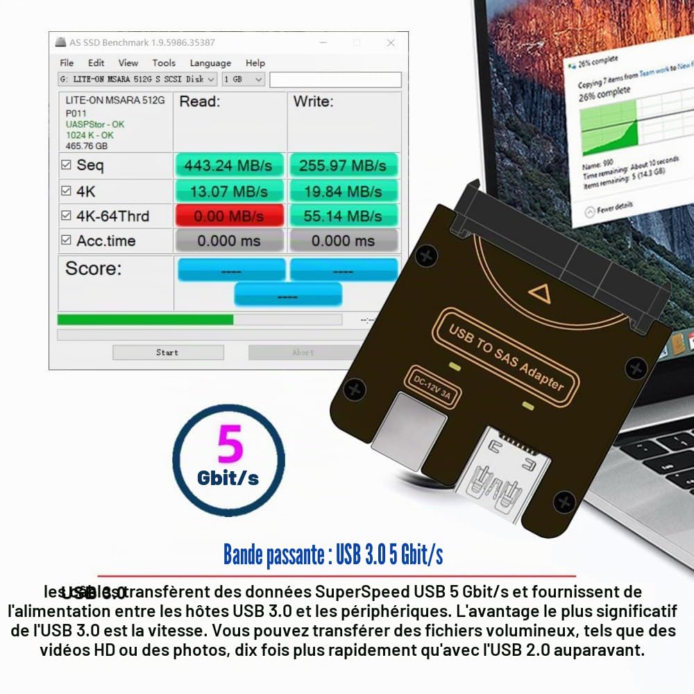 Adaptateur Raid SFF-8482 SAS 29 broches vers USB 3.0 5 Gbit/s 12 V/3 A