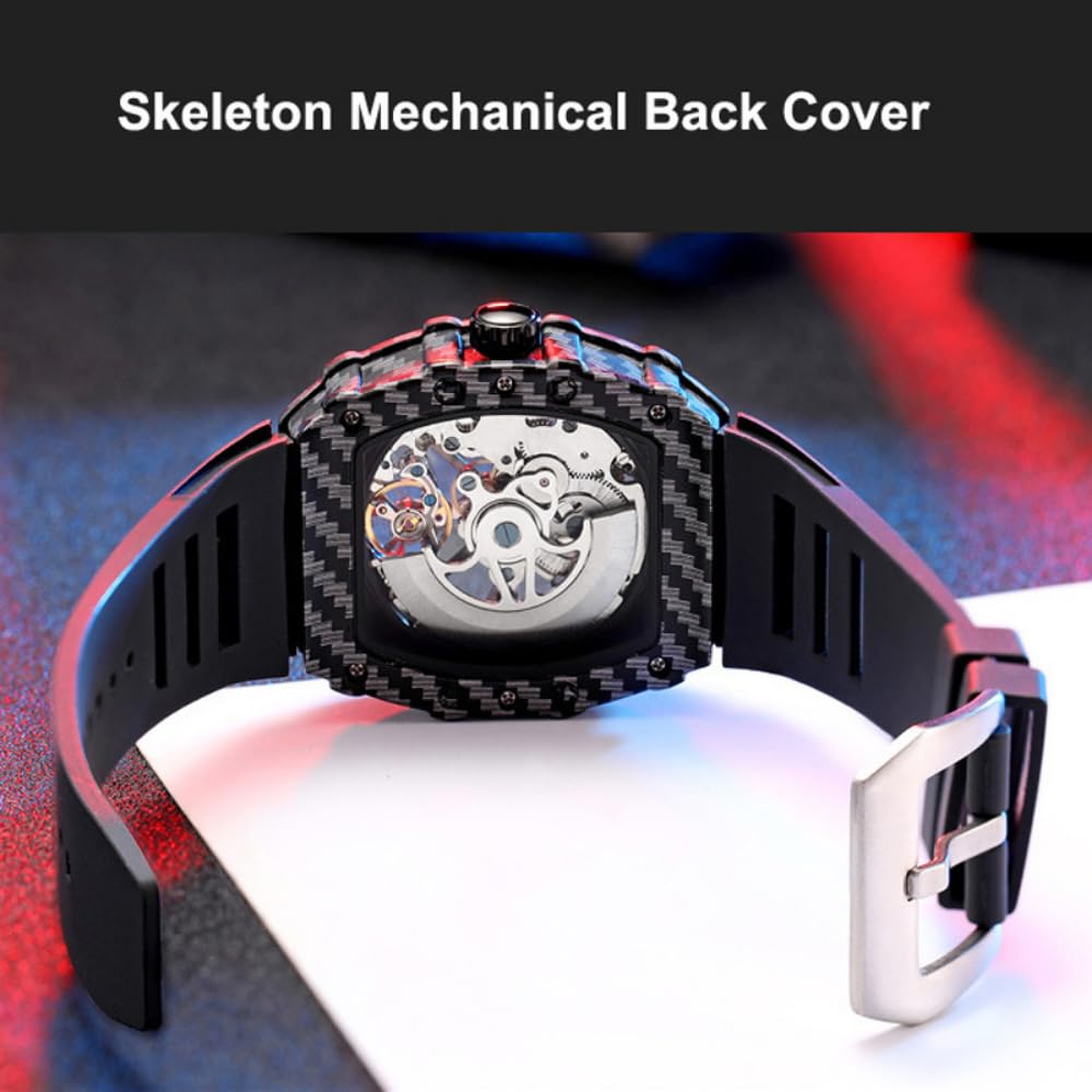 Męski czarny szkielet automatyczny zegarek mechaniczny luksusowy Tourbillon Hollow Vintage zegarki Tonneau cyferblat silikonowy pasek zegarek na rękę
