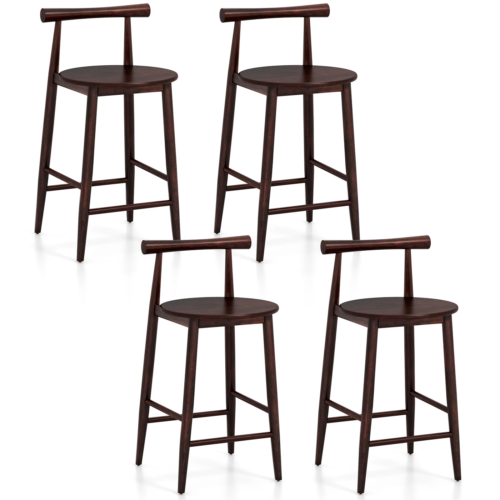 COSTWAY Bar Chair Set of 2, Counter Height Stools Set with Acacia Wood Frame, Supporting Legs, Wooden Kitchen Island Bar Chair with Backrest & Footrest for Home Restaurant Cafe Breakfast ( Brown)