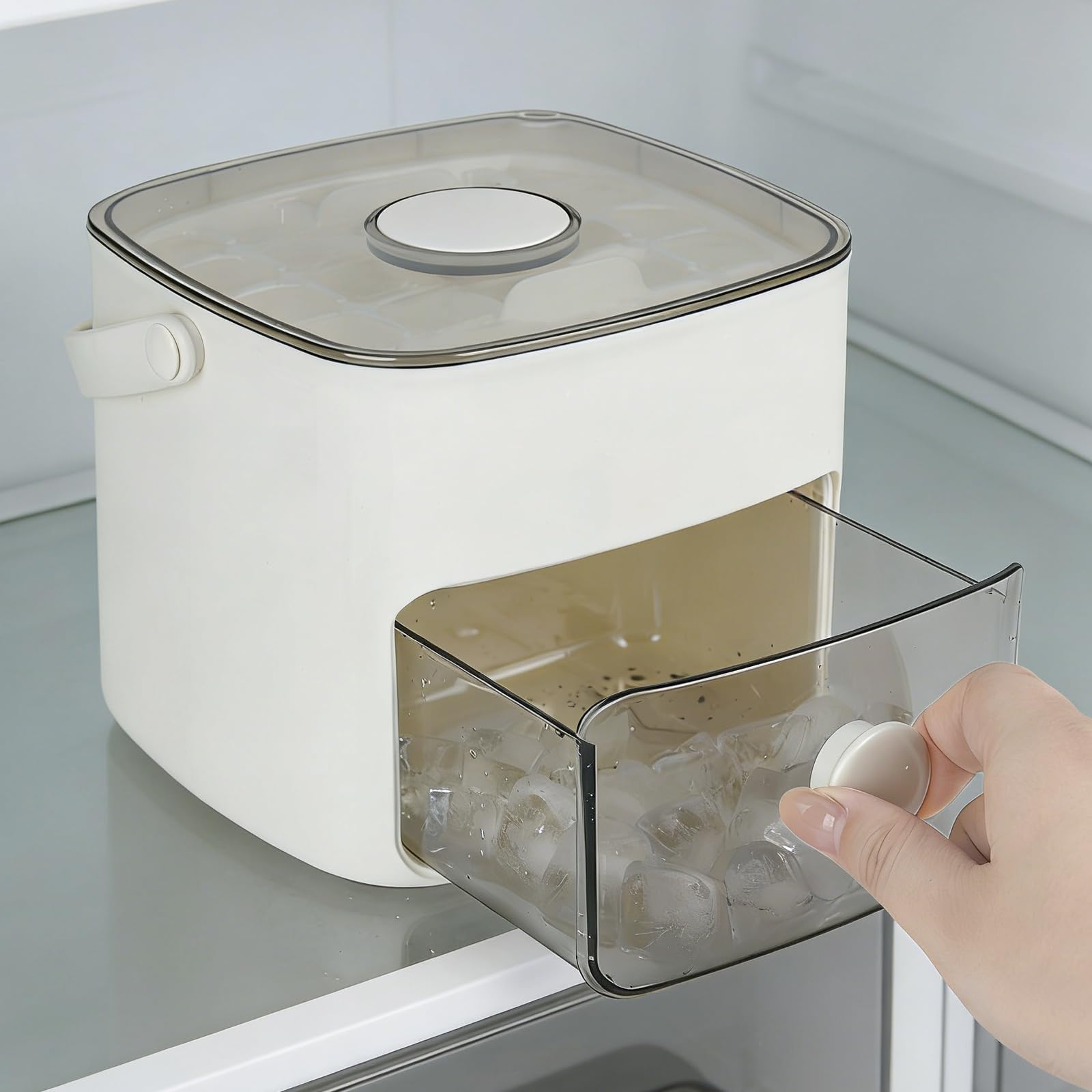 Ice Cube Maker Easy Press Ice Maker Machine Counter Top Release All Ice Cubes in One Second, 48 Ice Cube Tray Storage Box with Handle, Ice Tongs & Basket, ice Machines for Home/Office/Bar (White)