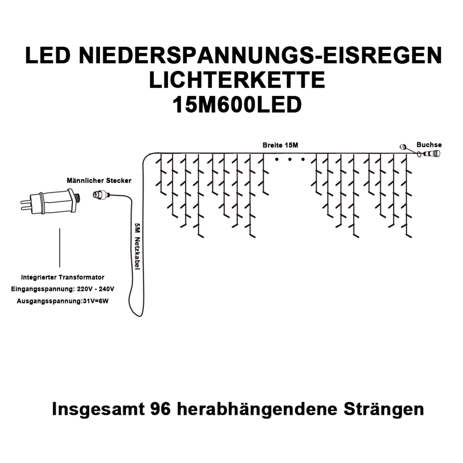 interGo Lichterkette Eisregen Außen, 15m 600er LED Lichtervorhang LED mit Timer, IP44 wasserdicht 8 Modi für Innen Außen Weihnachten, Schlafzimmer, Party, Hochzeit, Balkon, Garten Deko