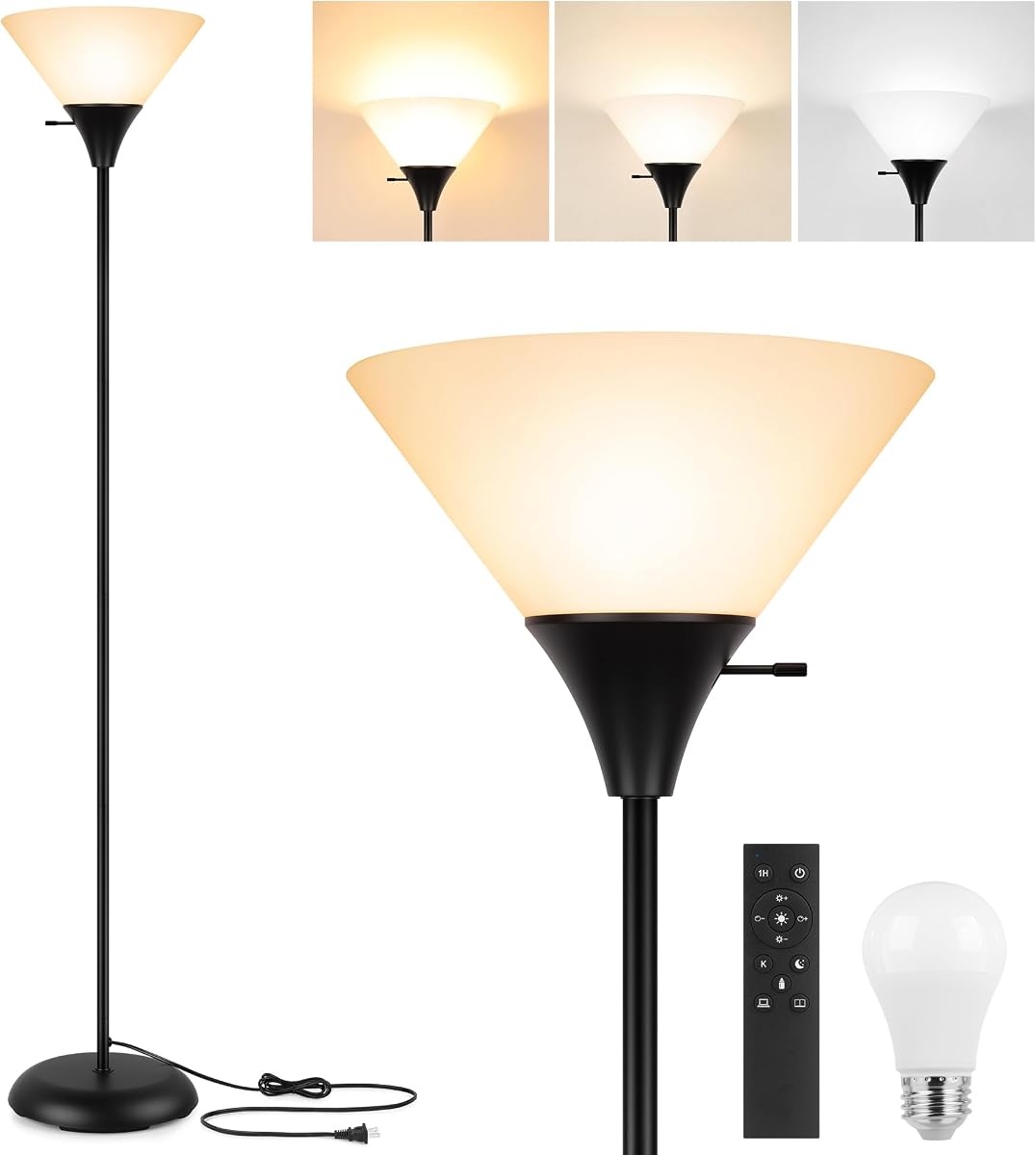 Lámpara de pie para salón, lámpara de pie Torchiere | Remote Control Stepless Dimmable Brightness & Color Temperature, 9W LED Bulb Included, Tall Lamp for Bedroom, Office, Dorm