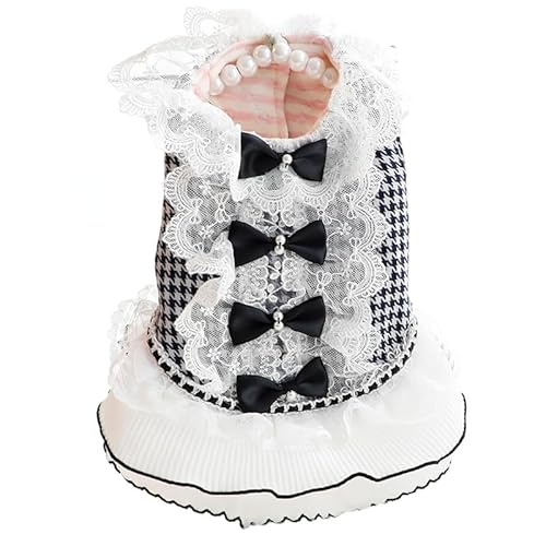AZA Dog Princess Dresses for Small Dogs Lolita Clothes Thick Bird Print Winter Skirt Bow Lace Tweed Costume Pet Girl Cute Warm Black Coat Outfits Fall Costumes (L,Black)