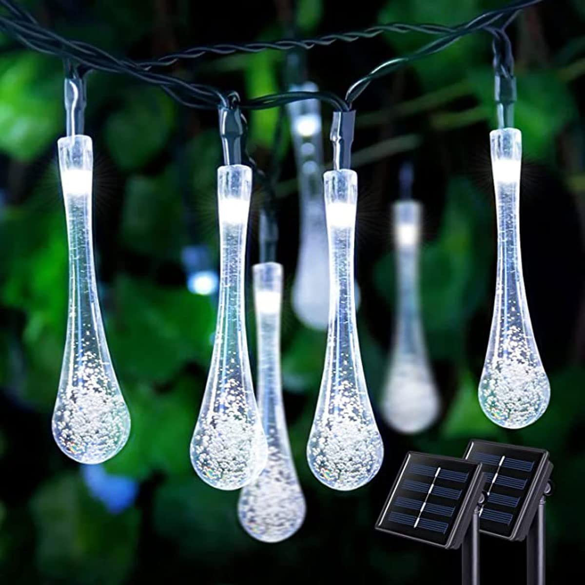 2 Pack Solar Water Drop String Lights, 42.6FT 60 LED Solar Powered String Lights Outdoor Waterproof, 8 Modes Teardrop Lights for Gardens Christmas Tree Patio Yard Party Holiday Decor (60 LED, White)