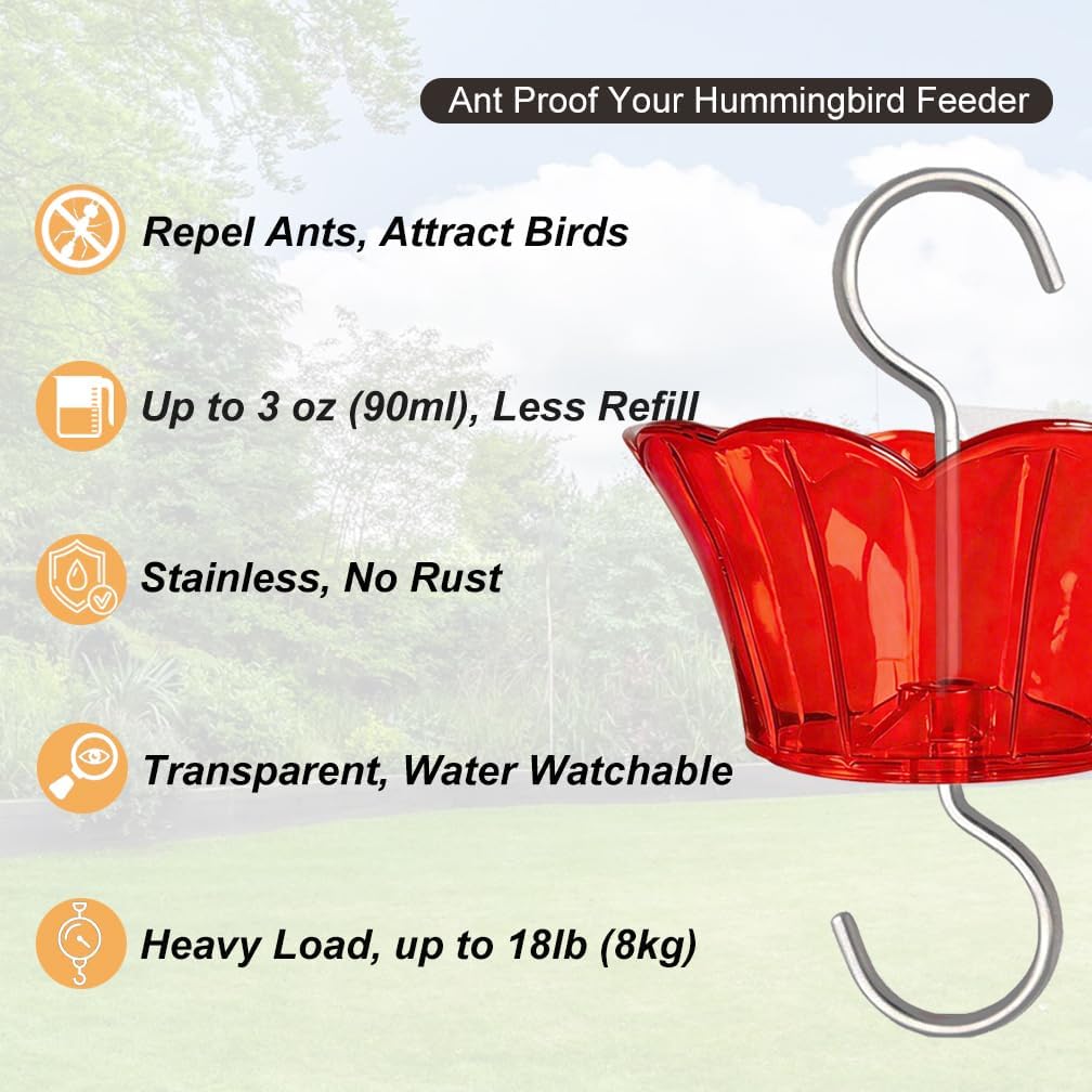 Infographic highlighting key features: Repels ants, attracts birds, 3 oz capacity, stainless steel, transparent, heavy load up to 18lb (8kg).