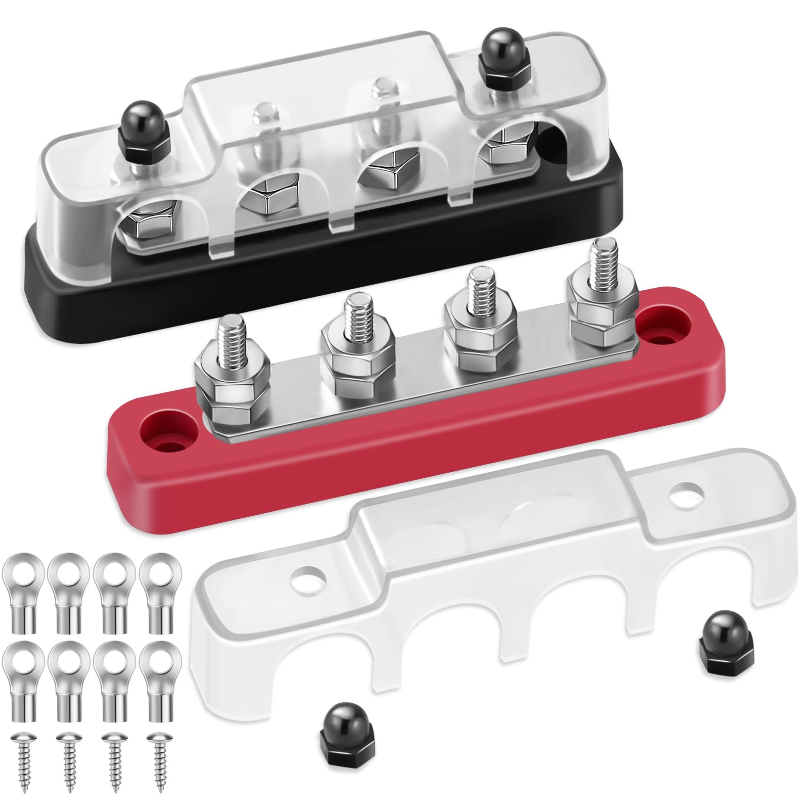 Bus Bar 12V - 48V Power Distribution Block Max 150A AC/200A DC Terminal Block with Cover 4 x M5 Posts for Cars RVs Ships Yachts -Negative+Positive (Pair - Red & Black)
