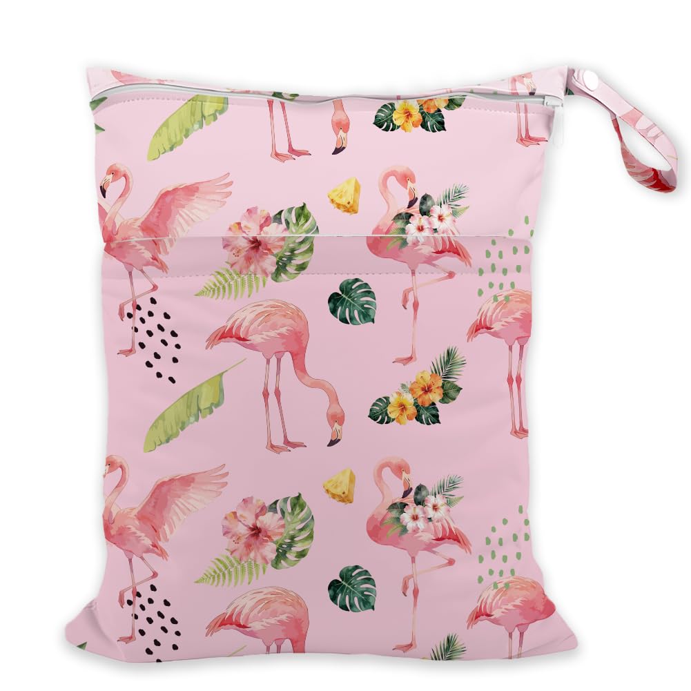 SUPERDANT Flamingo Wet Dry Bag Waterproof Swim Bag Pink Background Reusable Lightweight Travel Toiletry Pouch for Cloth Diapers Beach Pool Gym Makeup Storage Double Pocket Polyester 30x36cm