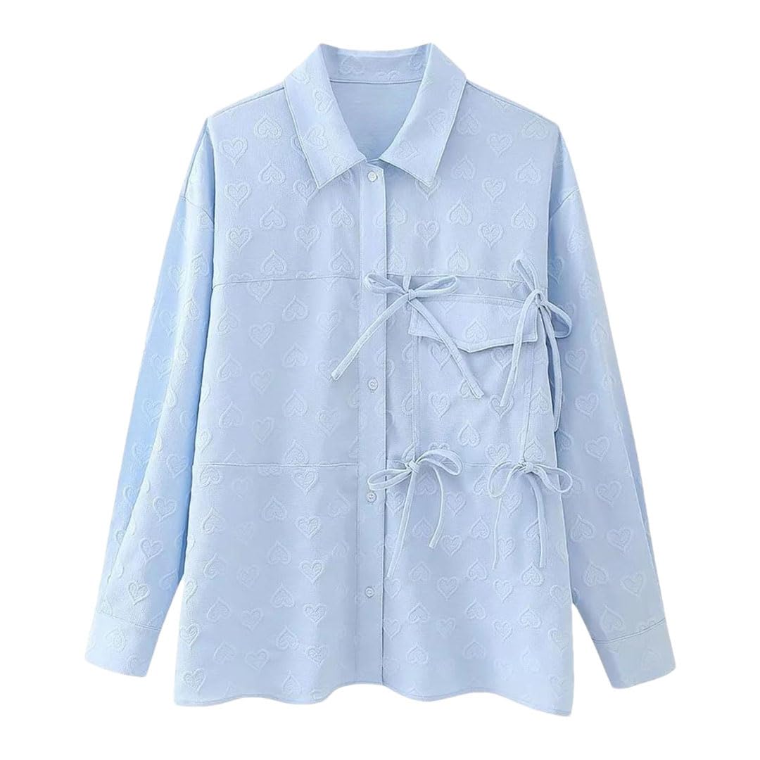 Prodotto Primavera Camicia da donna semplice con colletto a polo a maniche lunghe Love Jacquard tinta unita
