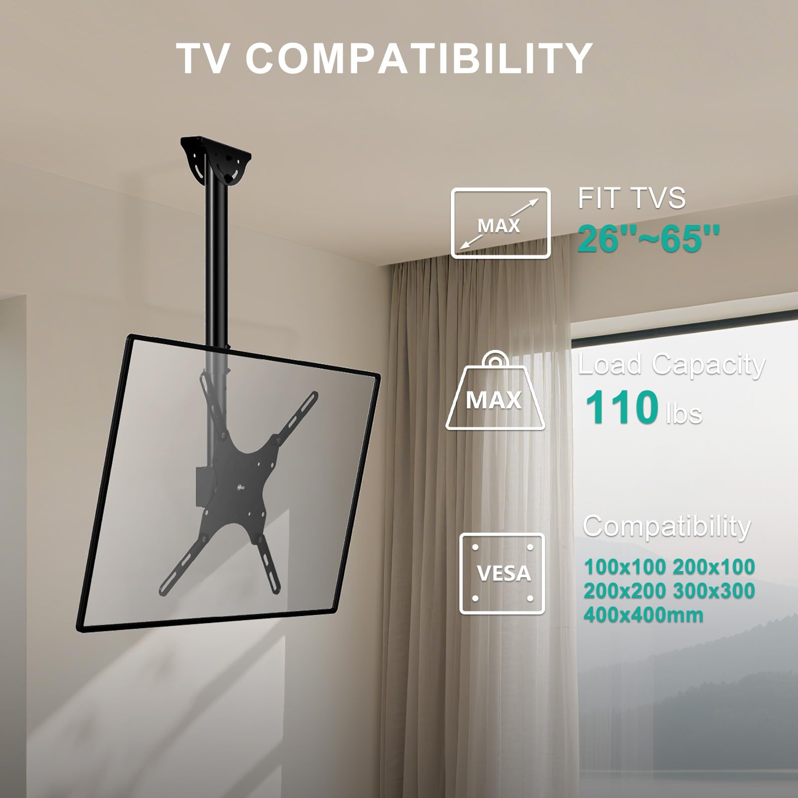 WALI Supporto da soffitto per TV a soffitto, inclinabile, orientabile, per schermo piatto da 26 a 65 pollici, supporta fino a 50 kg, VESA max 400 x 400 mm, supporto per soffitto piatto e inclinato,