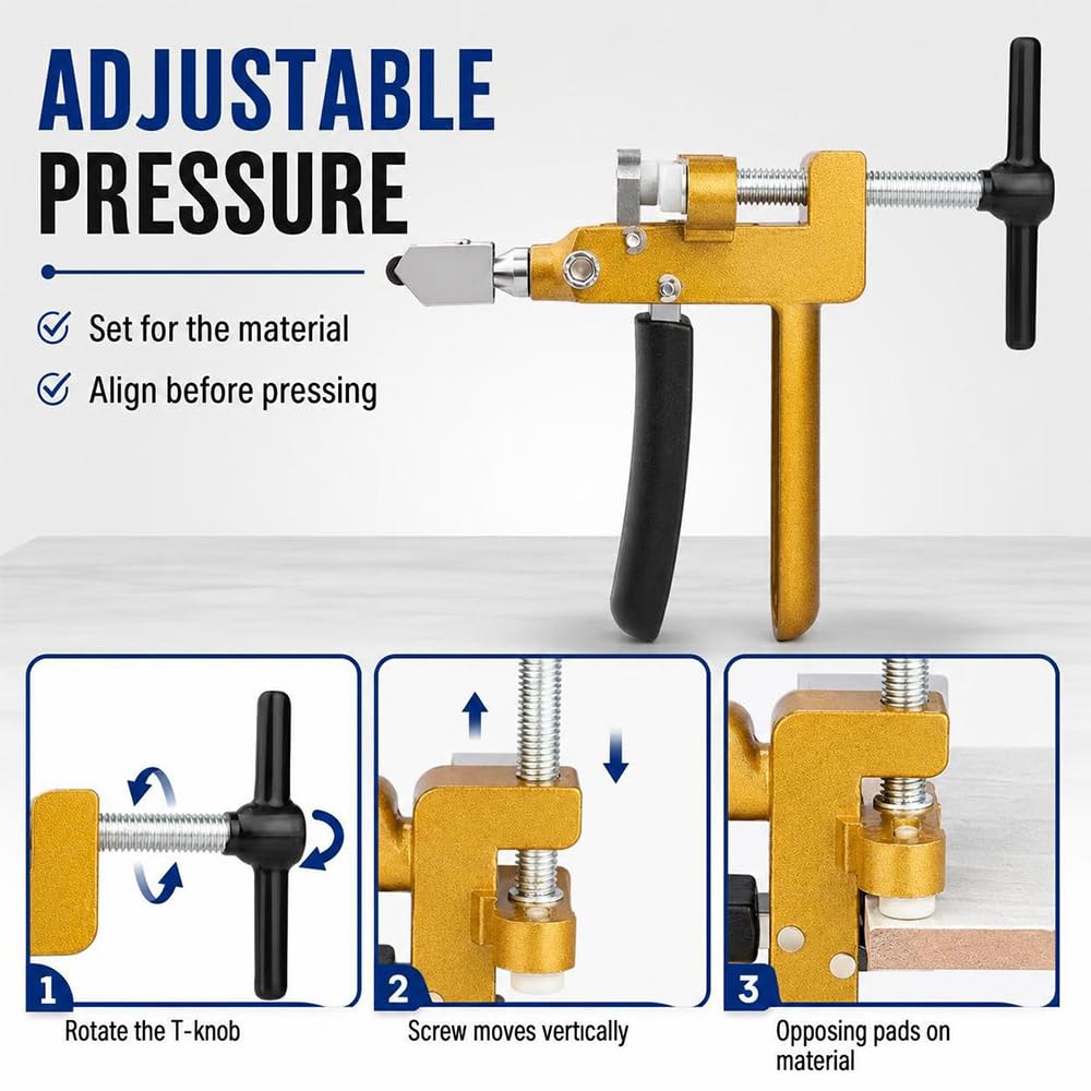 Cortador Manual de Azulejos y Cristal 2 en 1, Herramienta para Vidrio y Baldosas con Pinza de Separacion, Mango en T, Cabezales de Repuesto, Destornillador y Mini Metro